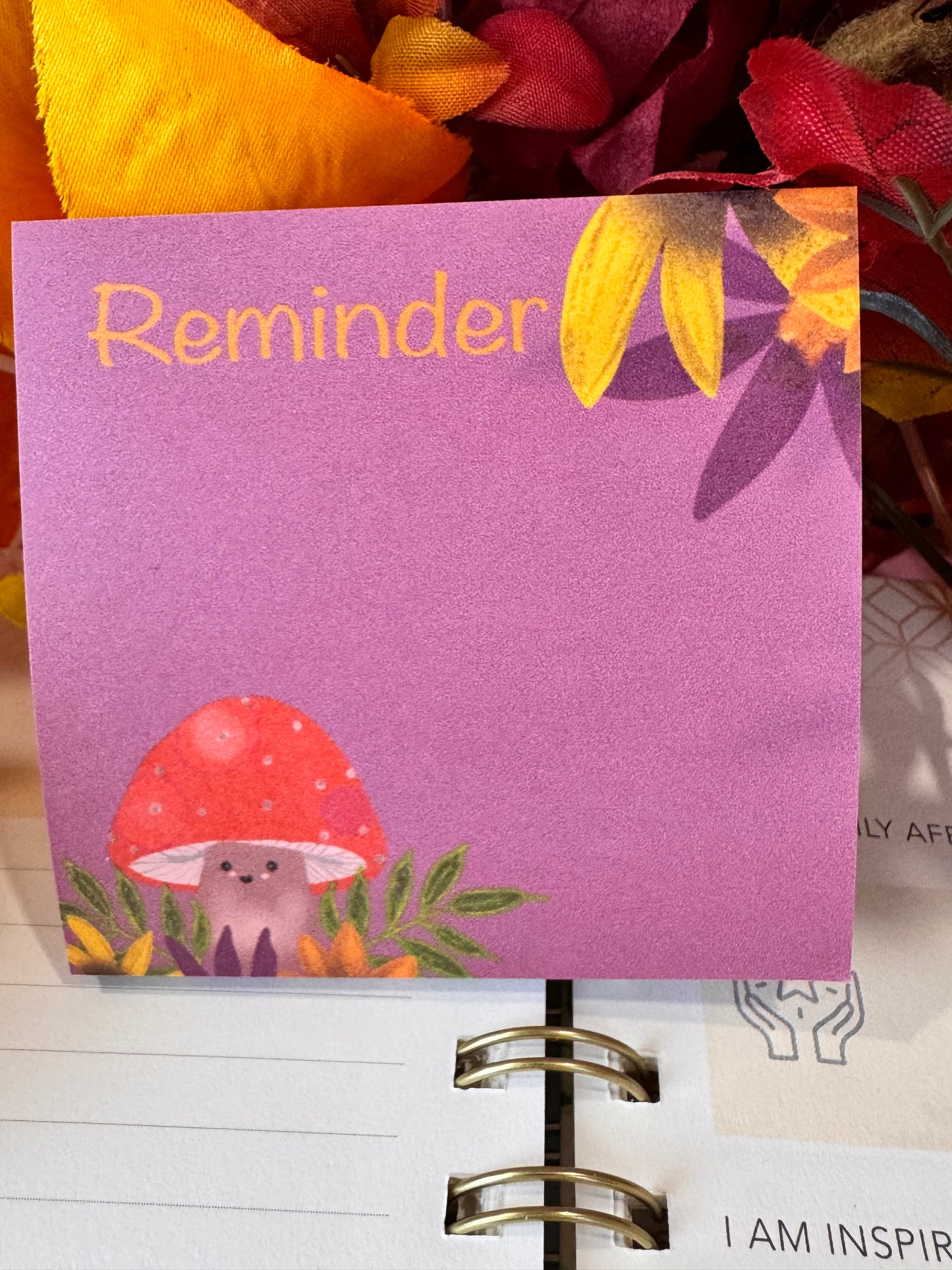 Kawaii Cute Fall Mushroom Character 3x3 Sticky Note with Fall Leaf Design, 50 Sheets