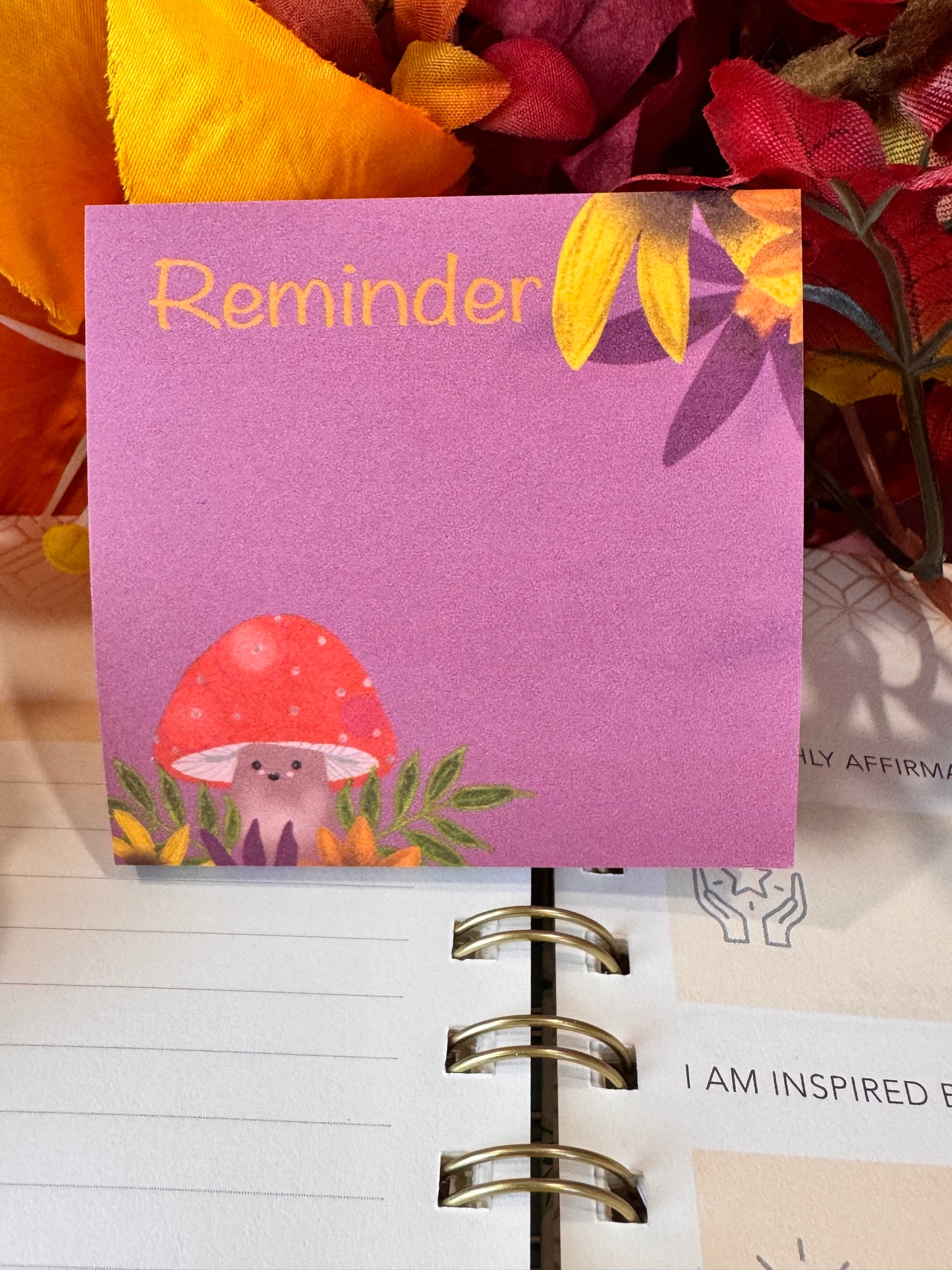 Kawaii Cute Fall Mushroom Character 3x3 Sticky Note with Fall Leaf Design, 50 Sheets