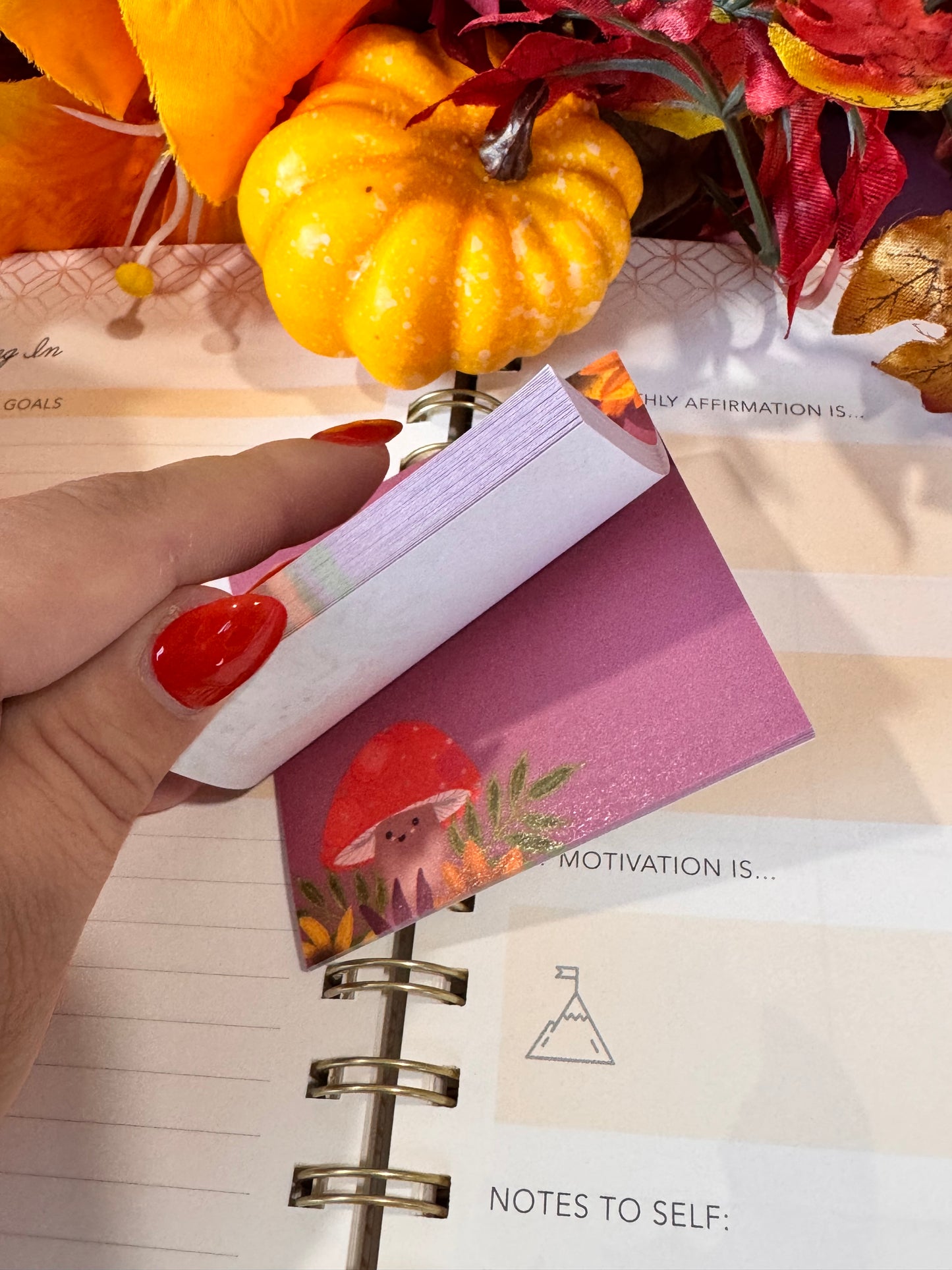 Kawaii Cute Fall Mushroom Character 3x3 Sticky Note with Fall Leaf Design, 50 Sheets