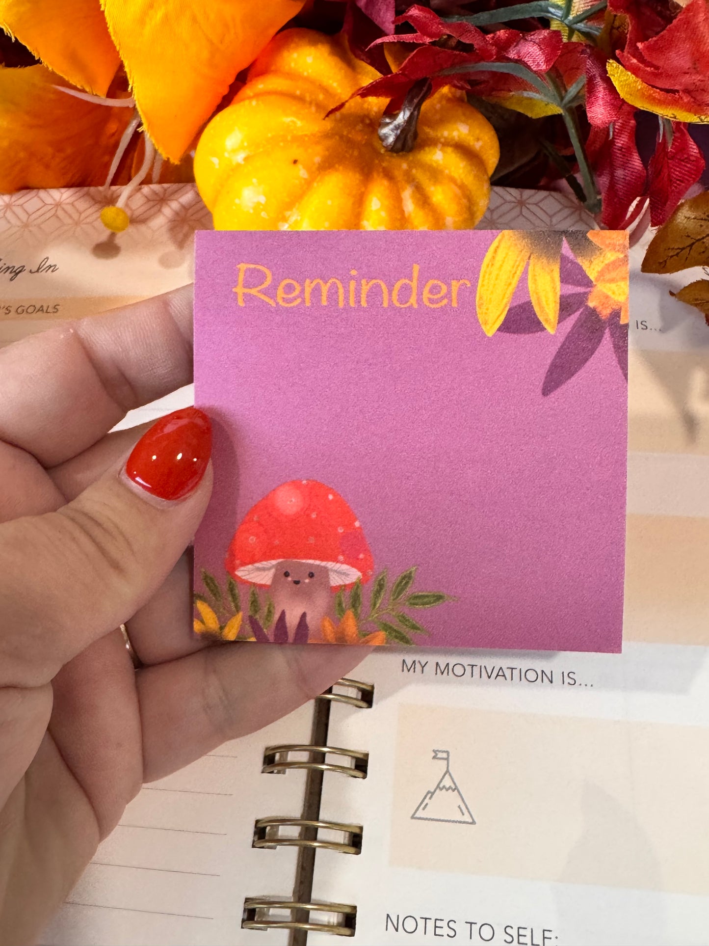 Kawaii Cute Fall Mushroom Character 3x3 Sticky Note with Fall Leaf Design, 50 Sheets