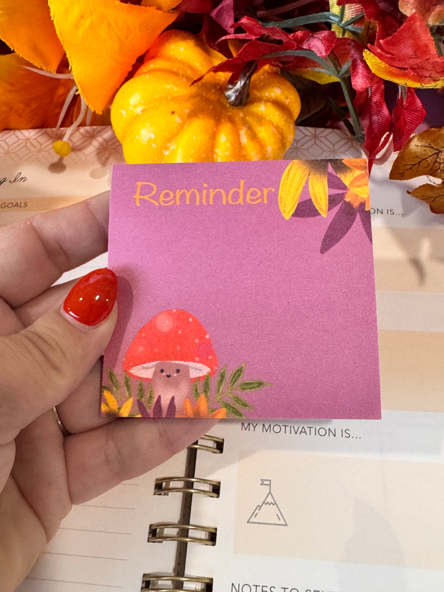 Kawaii Cute Fall Mushroom Character 3x3 Sticky Note with Fall Leaf Design, 50 Sheets