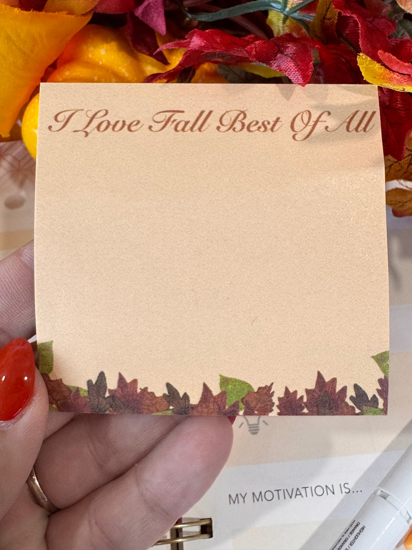 I Love Fall Best Of All 3x3 Sticky Note with Fall Leaf Design, 50 Sheets