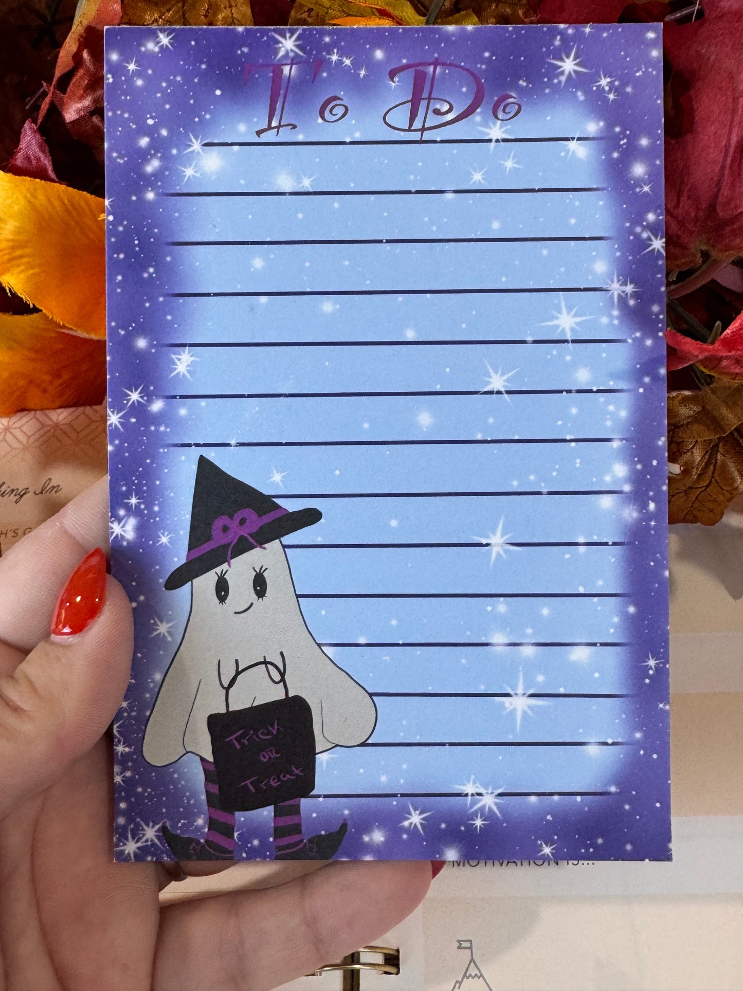 Halloween Cute Notepad With Adorable Ghost Witch with Night Sky Border with Stars, 4x6 Inch 50 Page