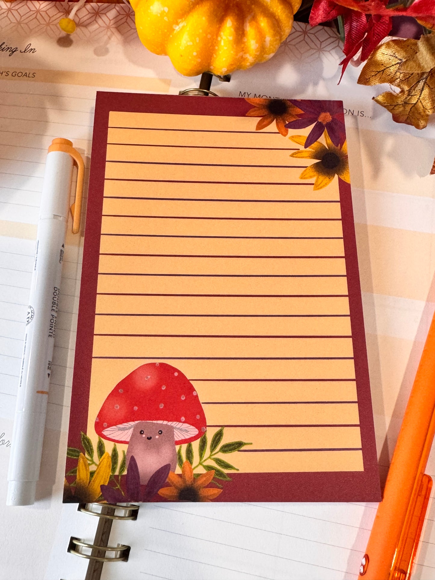 Cute Notepad With Adorable Kawaii Mushroom and Pretty Fall Flowers, 4x6 Inch 50 Page