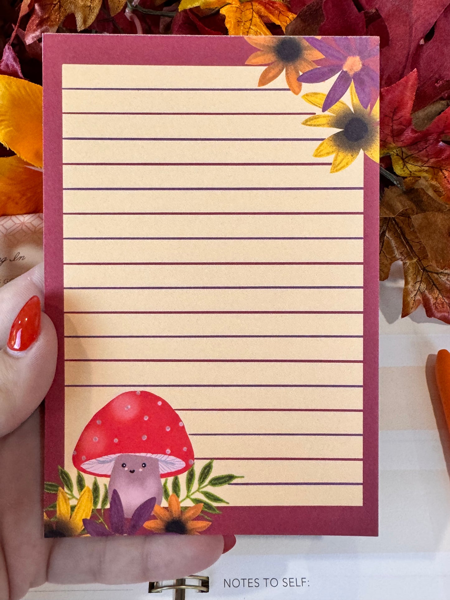Cute Notepad With Adorable Kawaii Mushroom and Pretty Fall Flowers, 4x6 Inch 50 Page