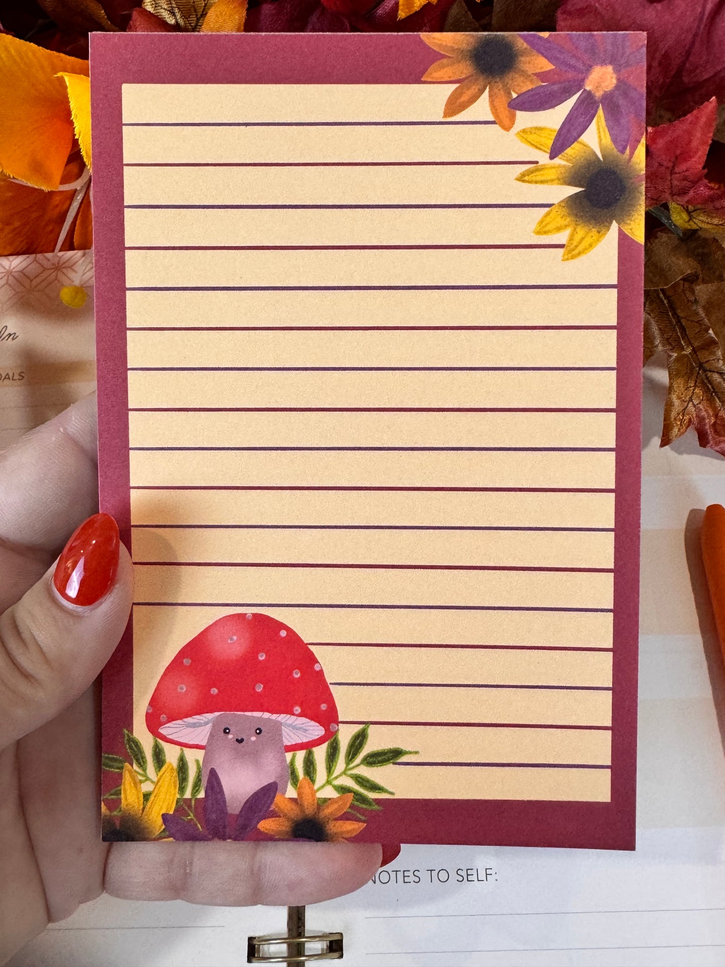 Cute Notepad With Adorable Kawaii Mushroom and Pretty Fall Flowers, 4x6 Inch 50 Page