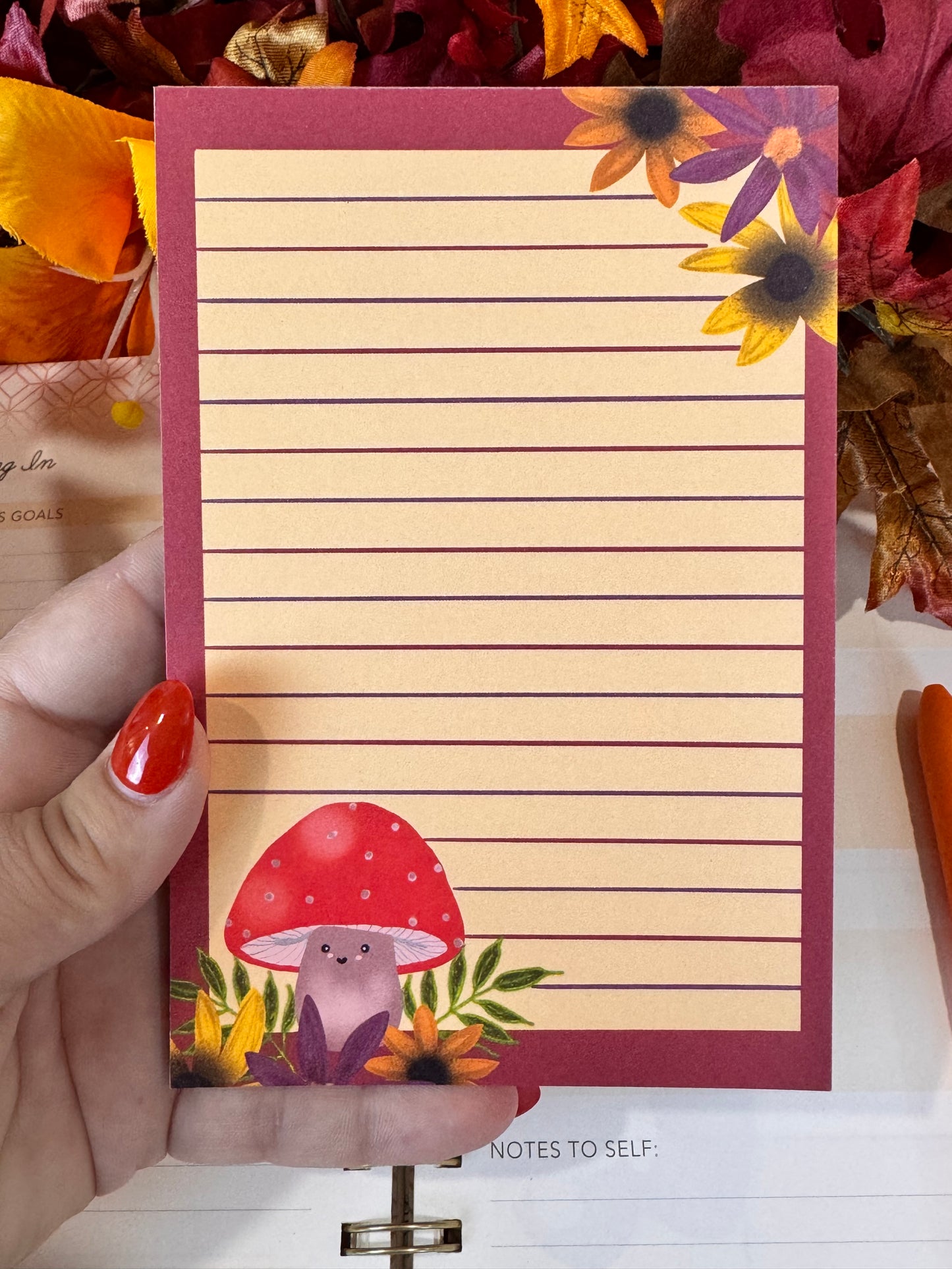 Cute Notepad With Adorable Kawaii Mushroom and Pretty Fall Flowers, 4x6 Inch 50 Page