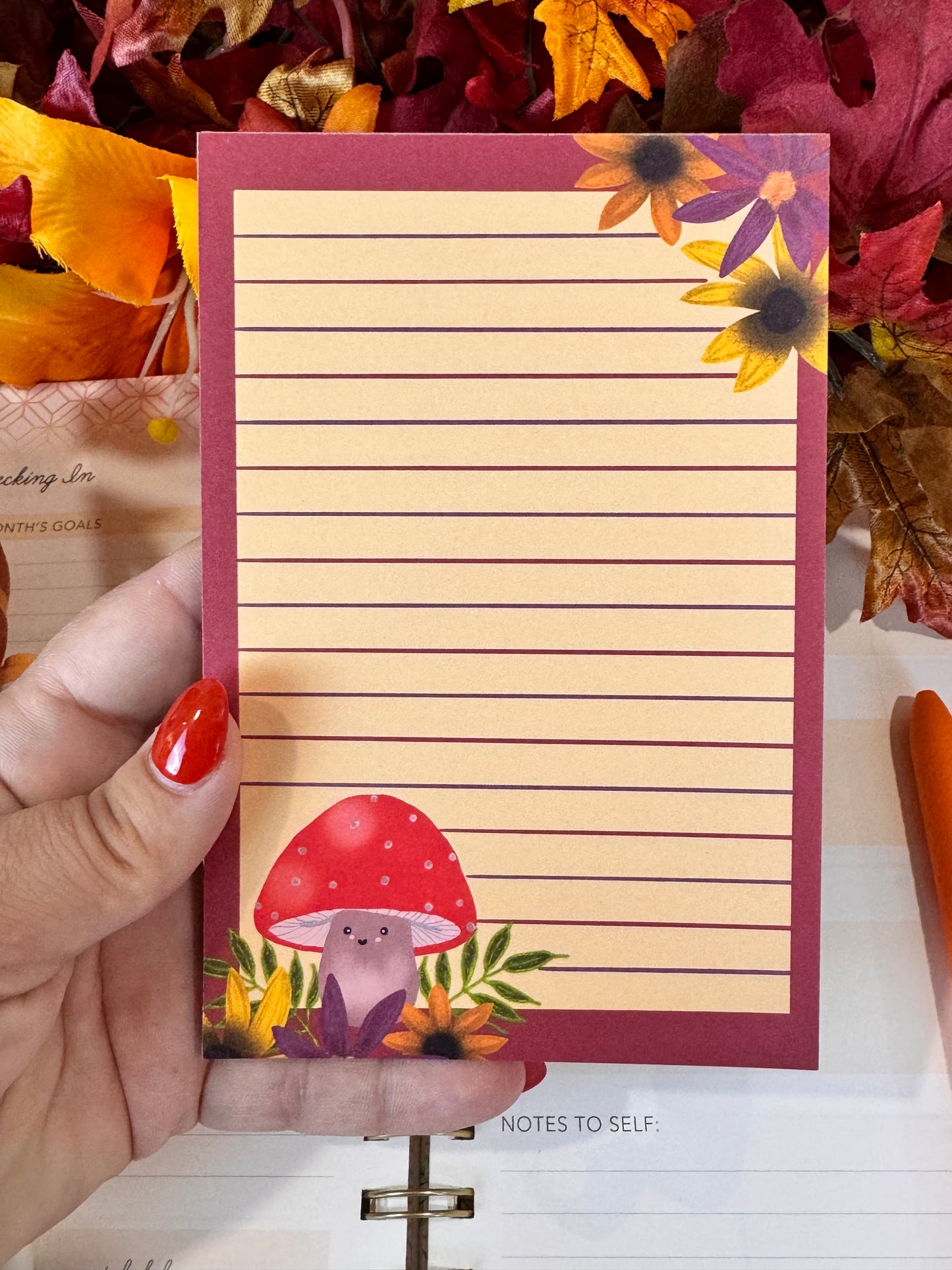 Cute Notepad With Adorable Kawaii Mushroom and Pretty Fall Flowers, 4x6 Inch 50 Page