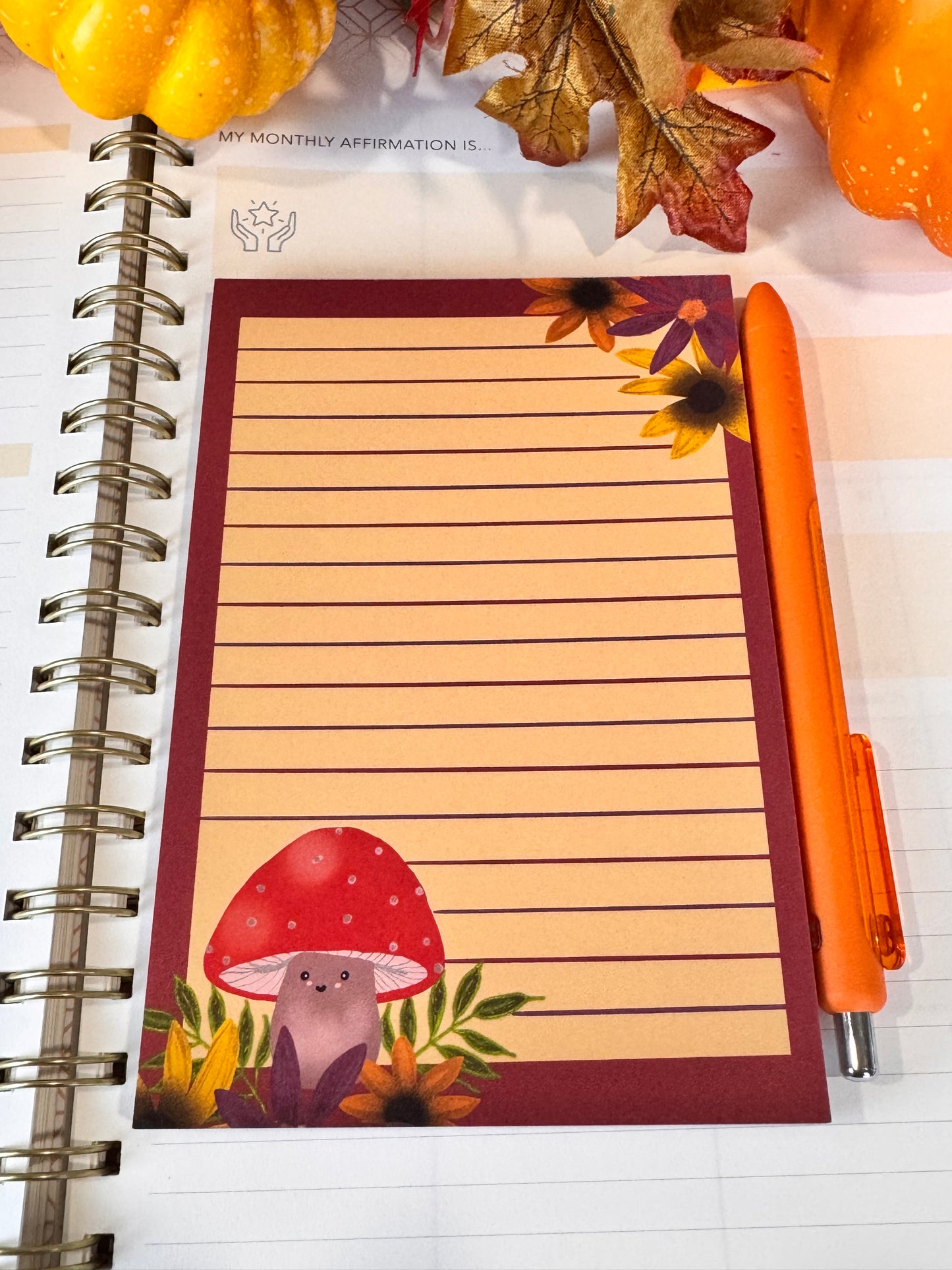 Cute Notepad With Adorable Kawaii Mushroom and Pretty Fall Flowers, 4x6 Inch 50 Page
