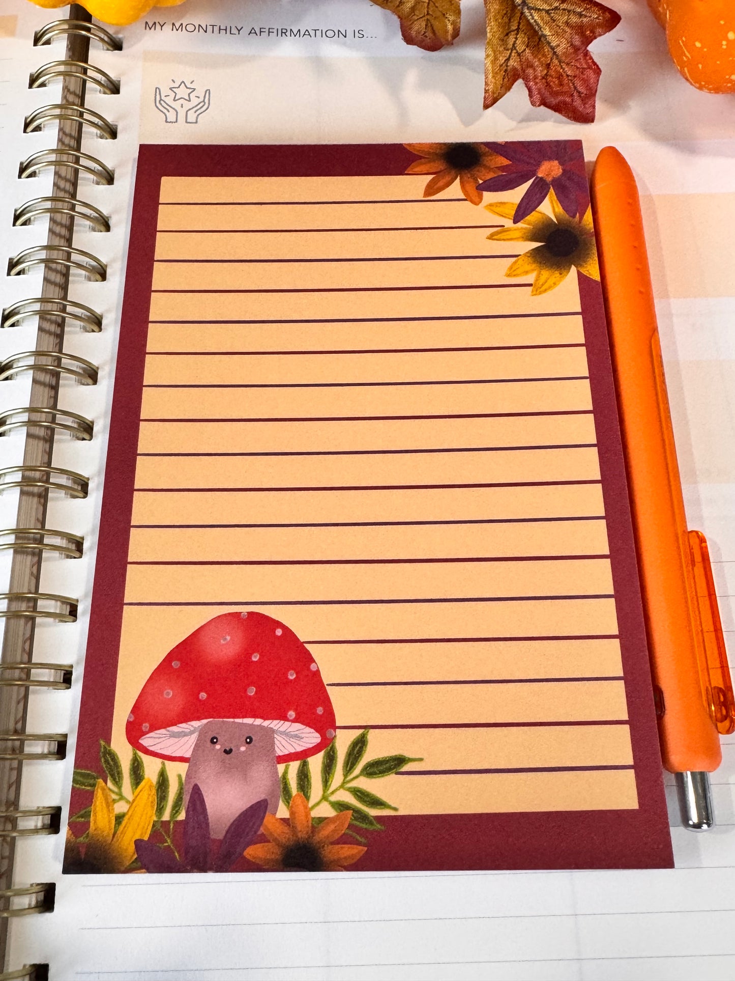 Cute Notepad With Adorable Kawaii Mushroom and Pretty Fall Flowers, 4x6 Inch 50 Page