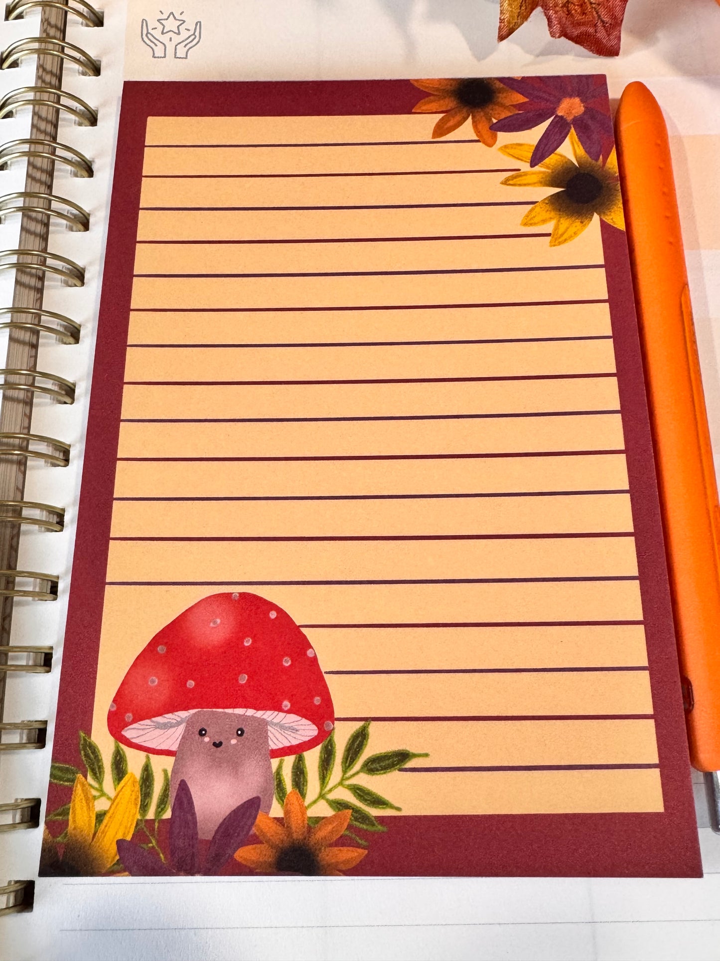 Cute Notepad With Adorable Kawaii Mushroom and Pretty Fall Flowers, 4x6 Inch 50 Page