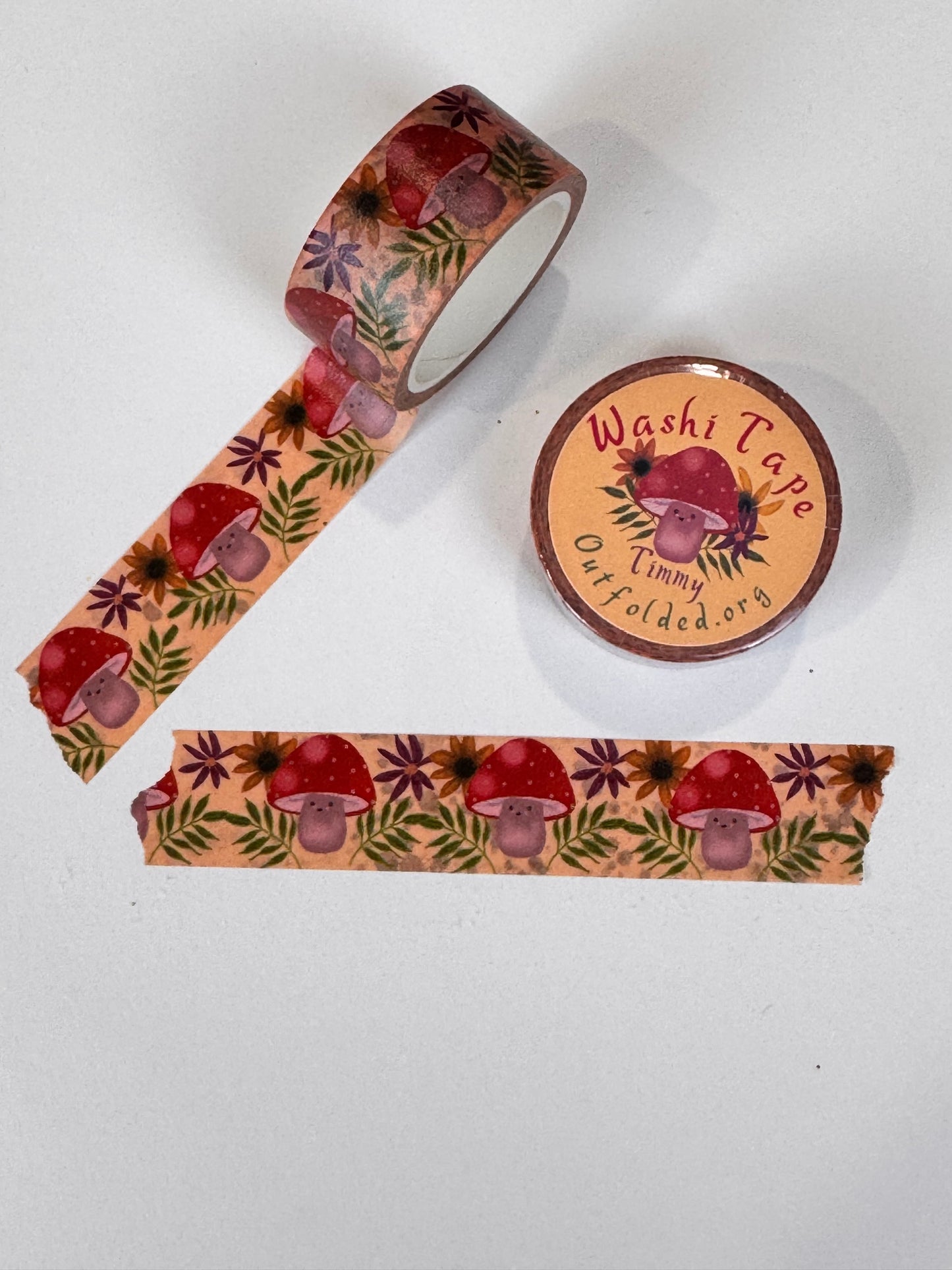 Fall Kawaii Mushroom and Flowers Design Washi Tape, 2 cm width 5 m length, Original Artwork