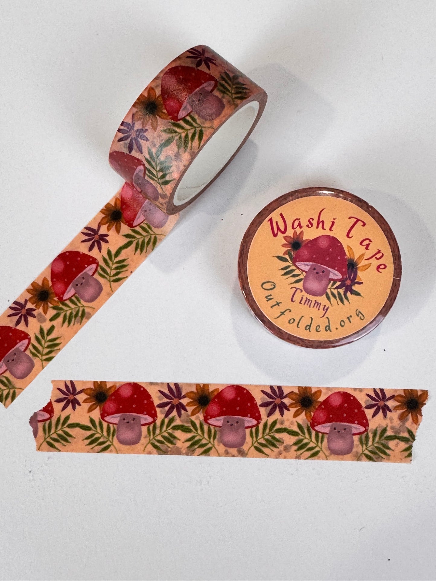 Fall Kawaii Mushroom and Flowers Design Washi Tape, 2 cm width 5 m length, Original Artwork