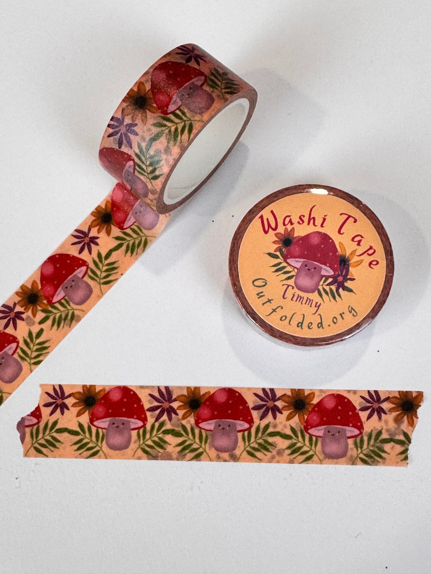 Fall Kawaii Mushroom and Flowers Design Washi Tape, 2 cm width 5 m length, Original Artwork