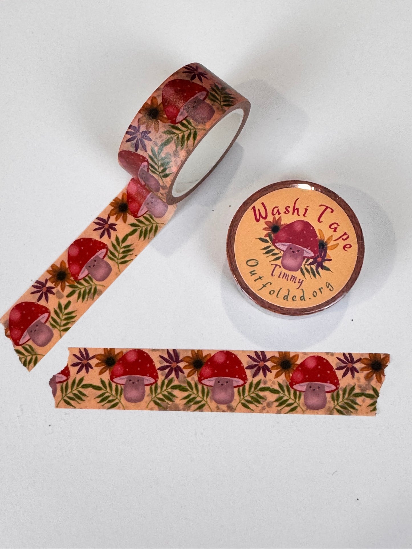 Fall Kawaii Mushroom and Flowers Design Washi Tape, 2 cm width 5 m length, Original Artwork