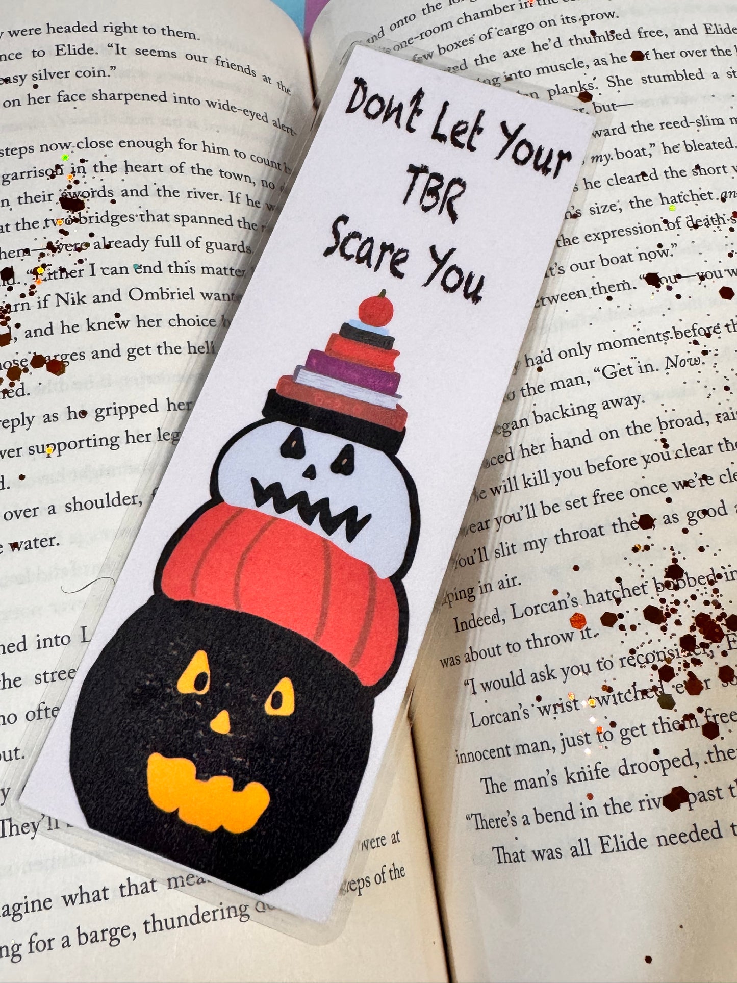 Don't Let Your TBR Scare You Halloween Pumpkins, Jack-O-Lanterns, and Book Stack Reading Fall Laminated Bookmark