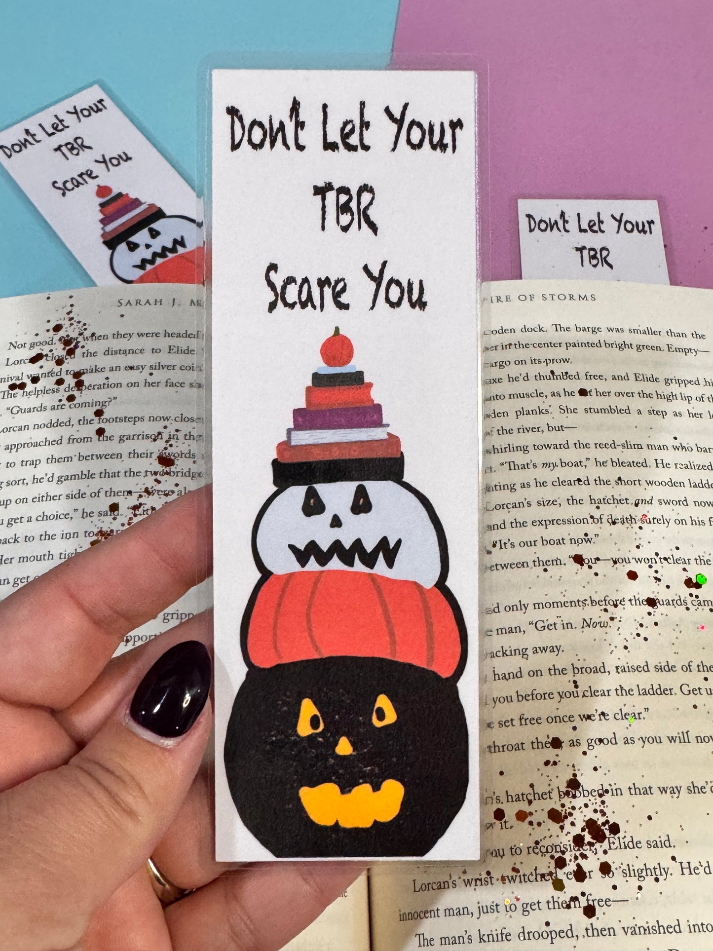 Don't Let Your TBR Scare You Halloween Pumpkins, Jack-O-Lanterns, and Book Stack Reading Fall Laminated Bookmark