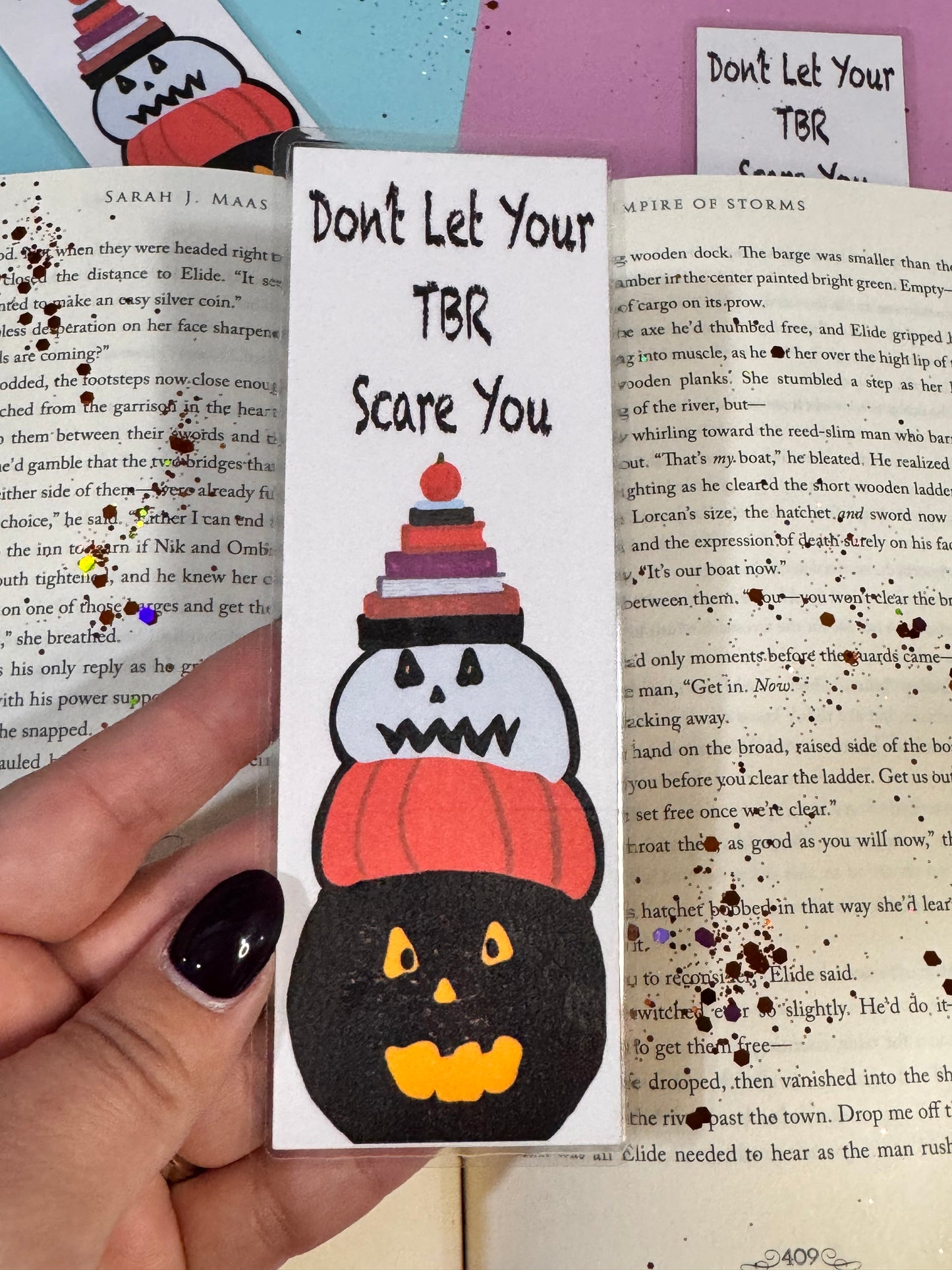 Don't Let Your TBR Scare You Halloween Pumpkins, Jack-O-Lanterns, and Book Stack Reading Fall Laminated Bookmark