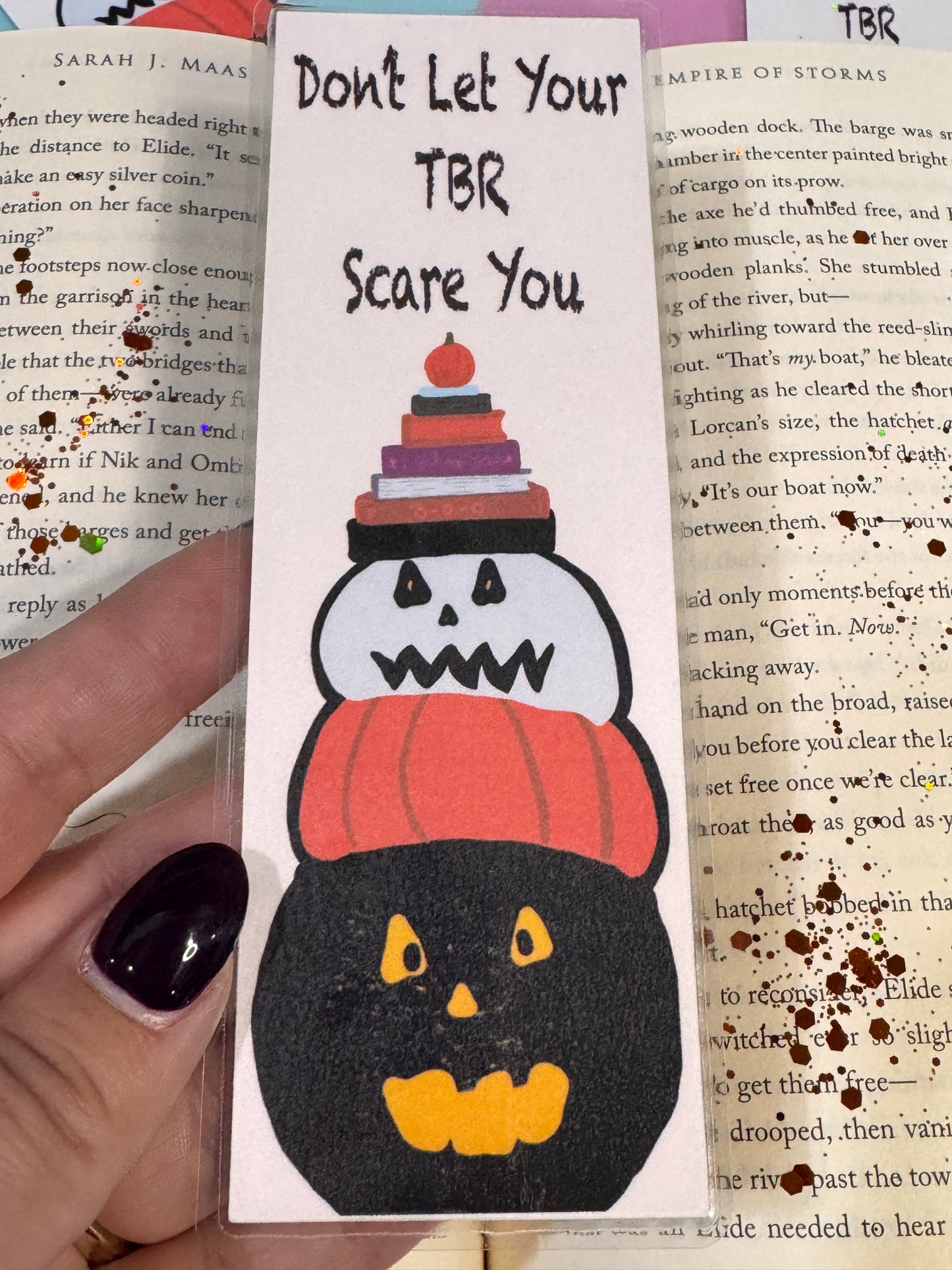 Don't Let Your TBR Scare You Halloween Pumpkins, Jack-O-Lanterns, and Book Stack Reading Fall Laminated Bookmark