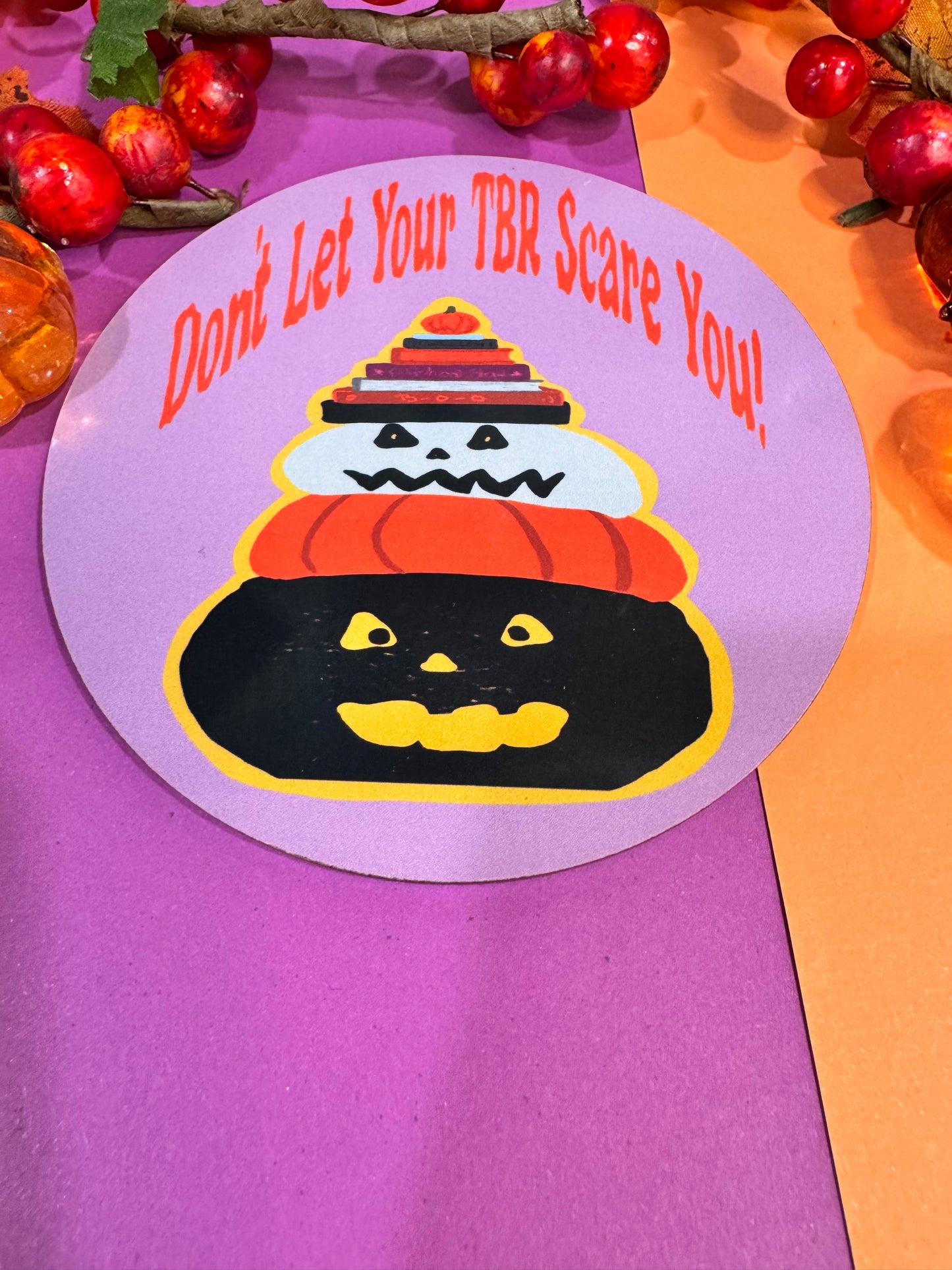 Don't Let Your TBR Scare You, Book Stack Bookish Jack-o-Lanterns Round 4x4 Hardboard Sublimated Coaster For Fall