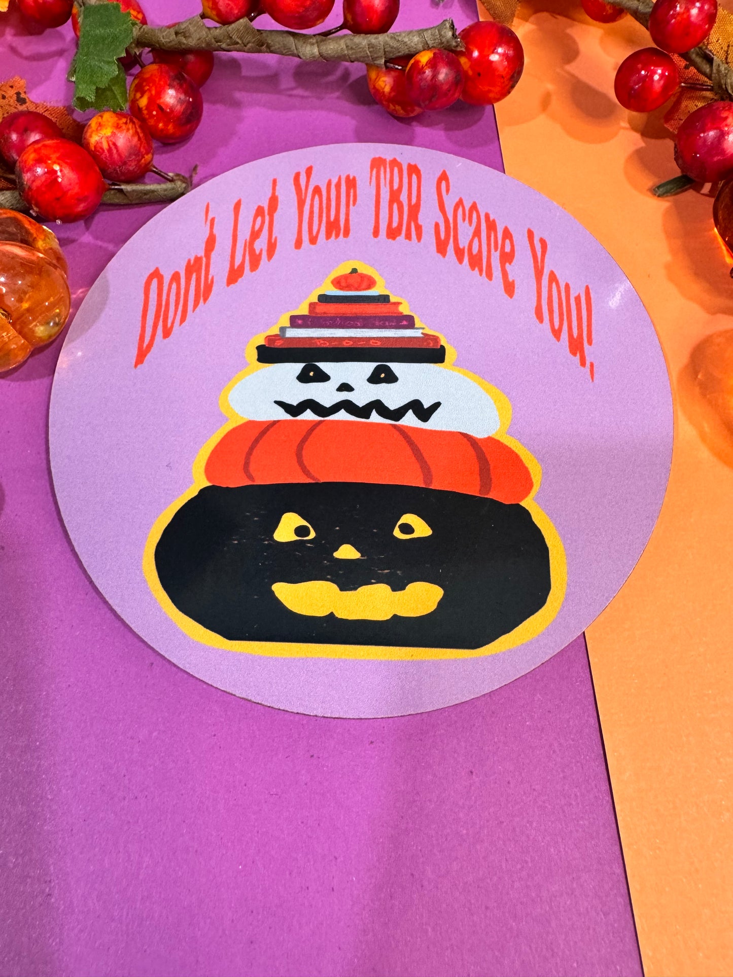 Don't Let Your TBR Scare You, Book Stack Bookish Jack-o-Lanterns Round 4x4 Hardboard Sublimated Coaster For Fall