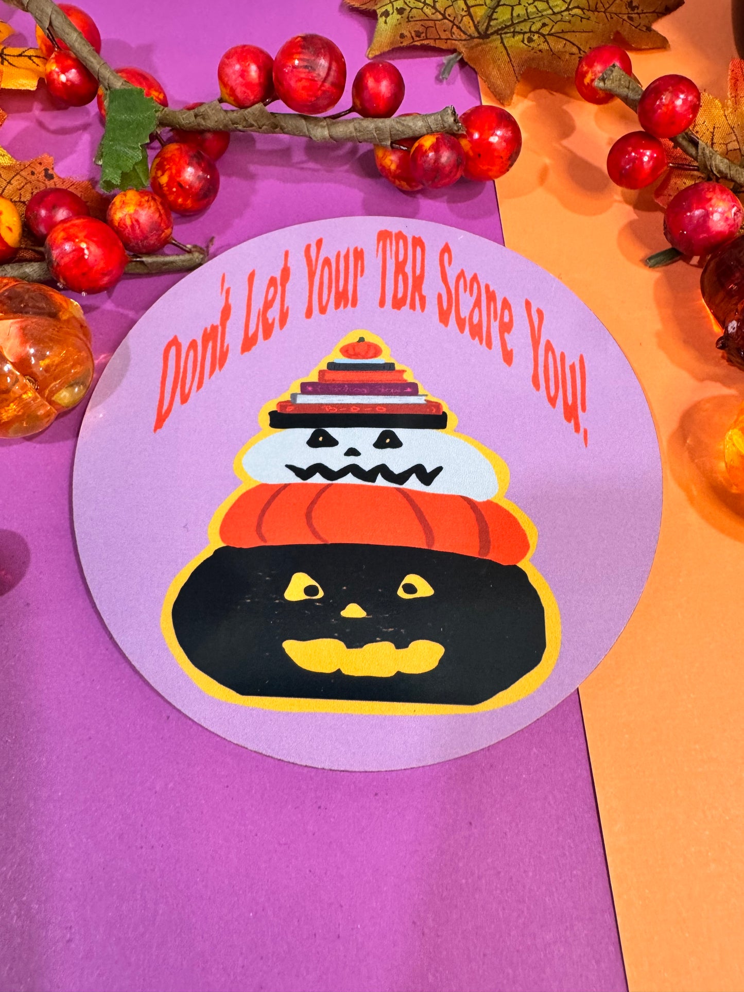 Don't Let Your TBR Scare You, Book Stack Bookish Jack-o-Lanterns Round 4x4 Hardboard Sublimated Coaster For Fall