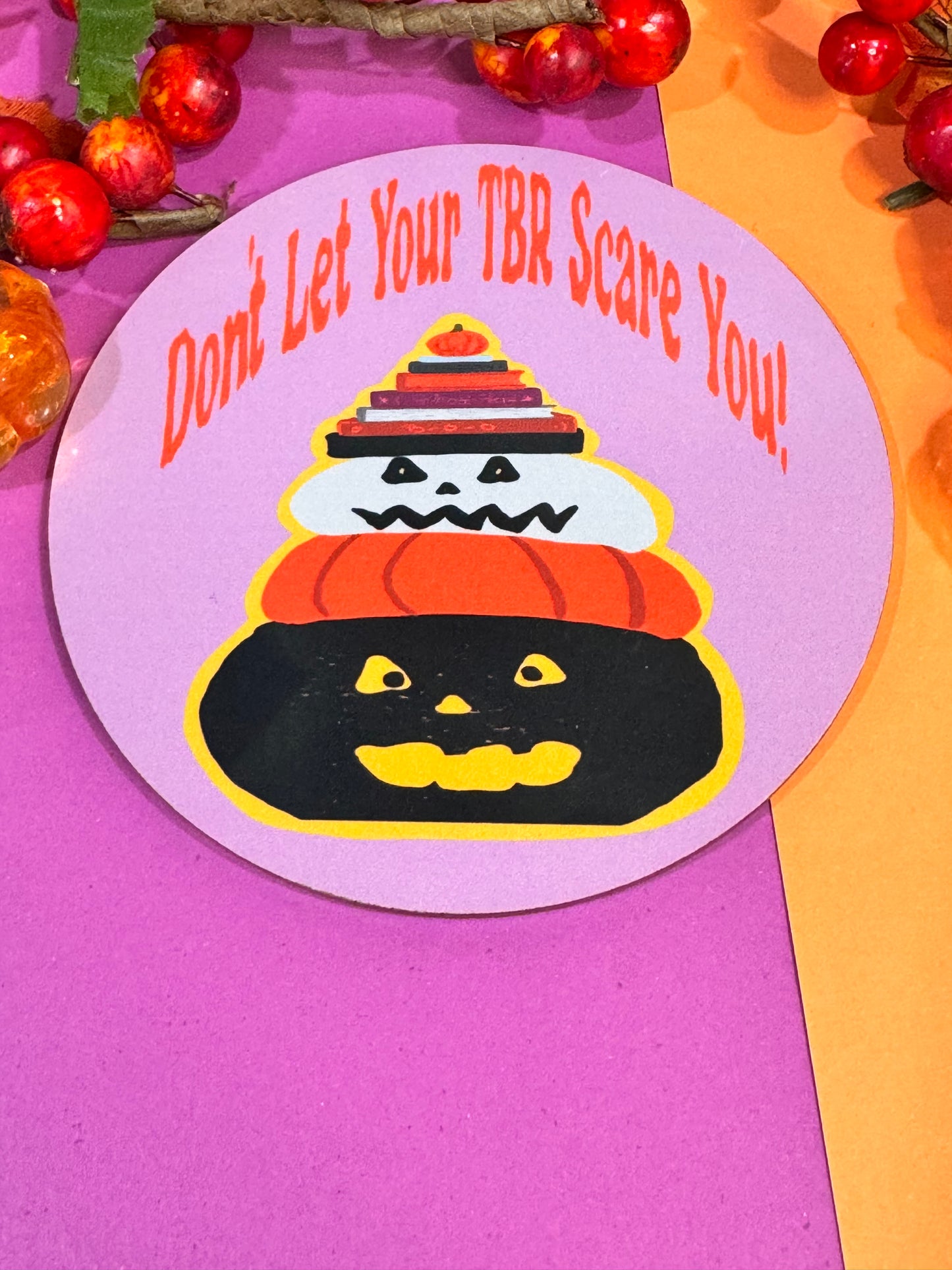 Don't Let Your TBR Scare You, Book Stack Bookish Jack-o-Lanterns Round 4x4 Hardboard Sublimated Coaster For Fall