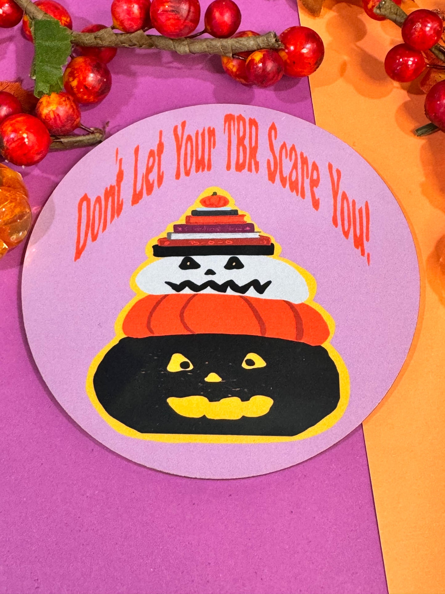Don't Let Your TBR Scare You, Book Stack Bookish Jack-o-Lanterns Round 4x4 Hardboard Sublimated Coaster For Fall