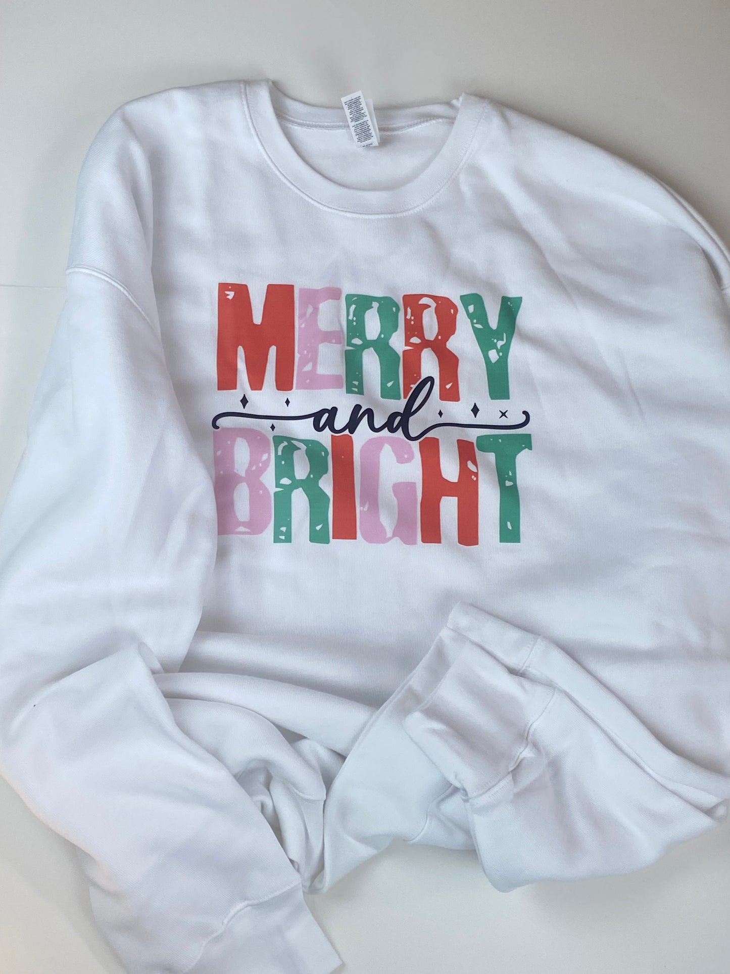 Merry and Bright: Cute Christmas Holiday White Crew Neck Sweatshirt