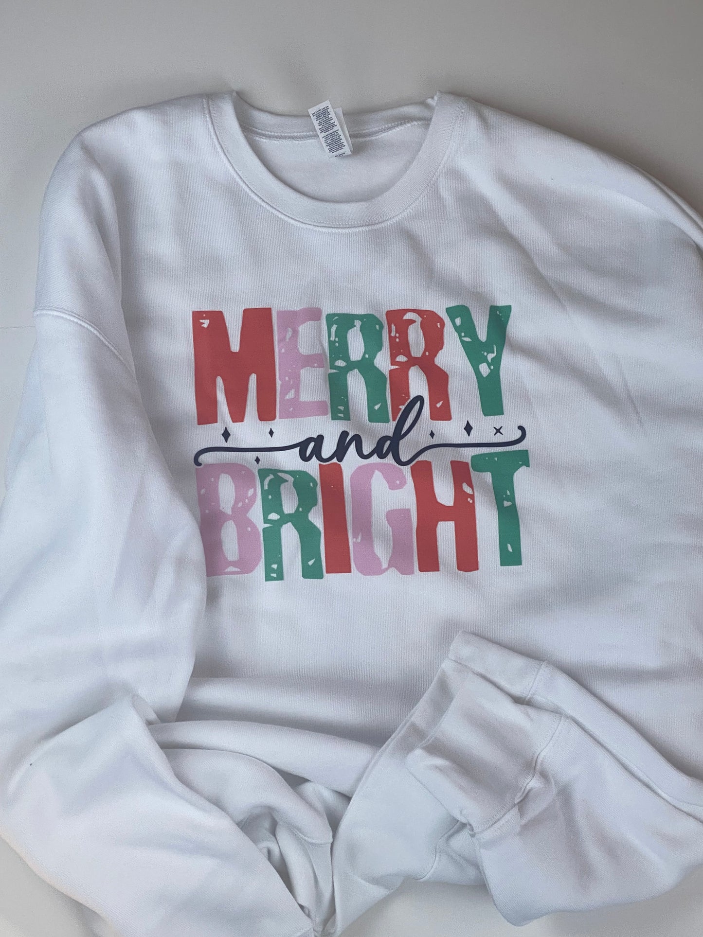 Merry and Bright: Cute Christmas Holiday White Crew Neck Sweatshirt