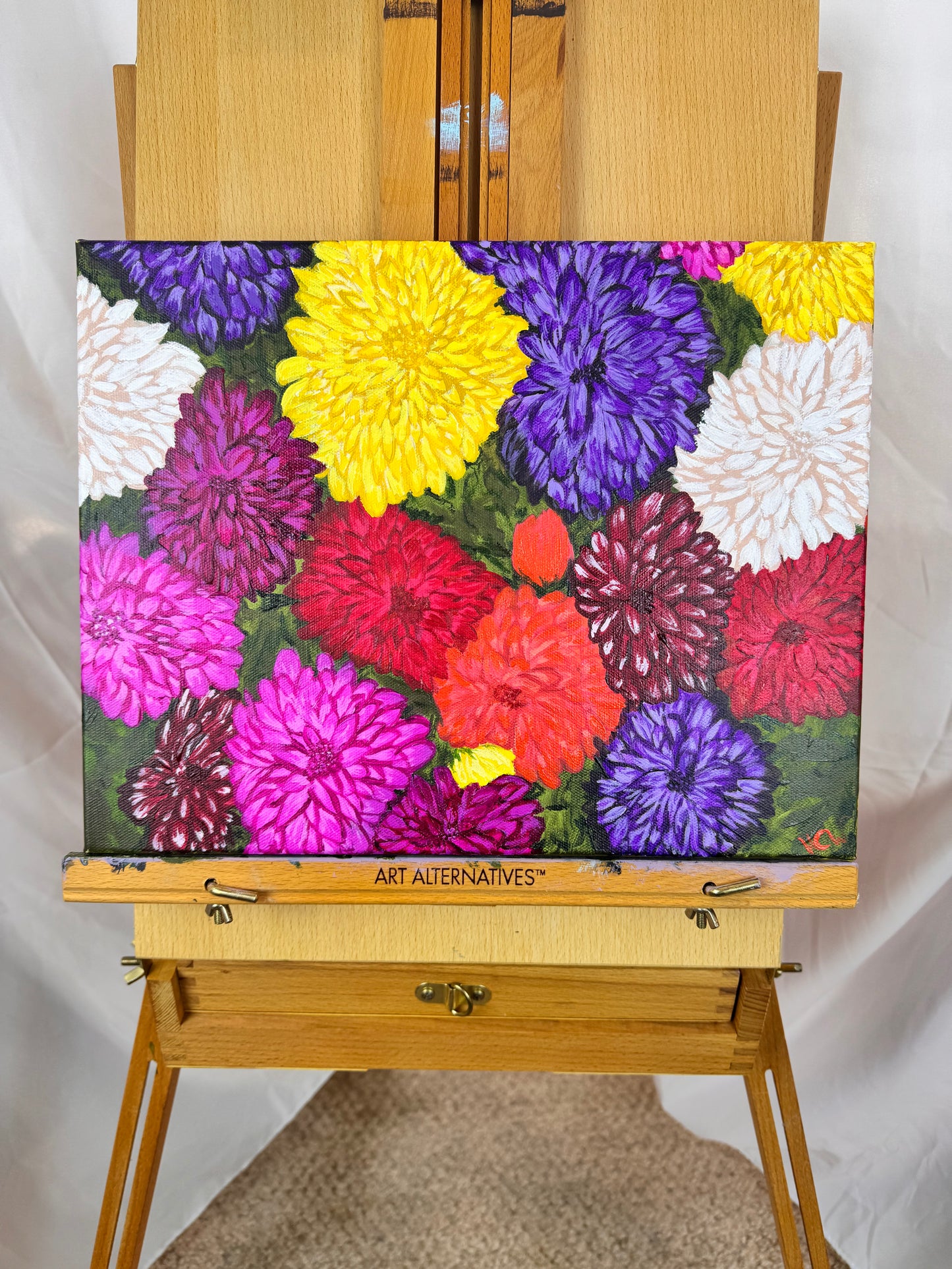 Dahlias For Sale, Acrylic Painting of Flowers, Mother's Day Flowers, Colorful Bushel for Garden Lover