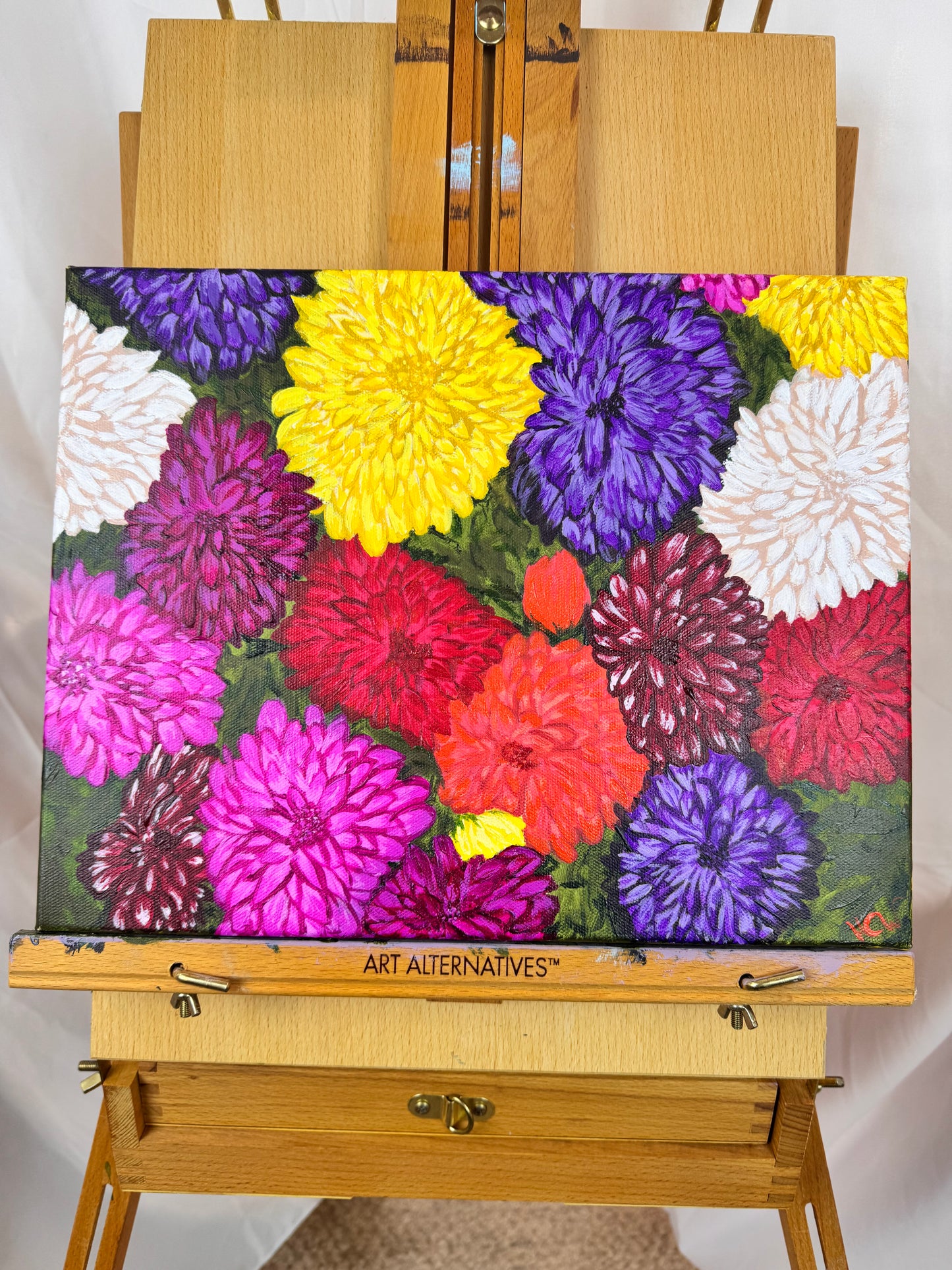 Dahlias For Sale, Acrylic Painting of Flowers, Mother's Day Flowers, Colorful Bushel for Garden Lover