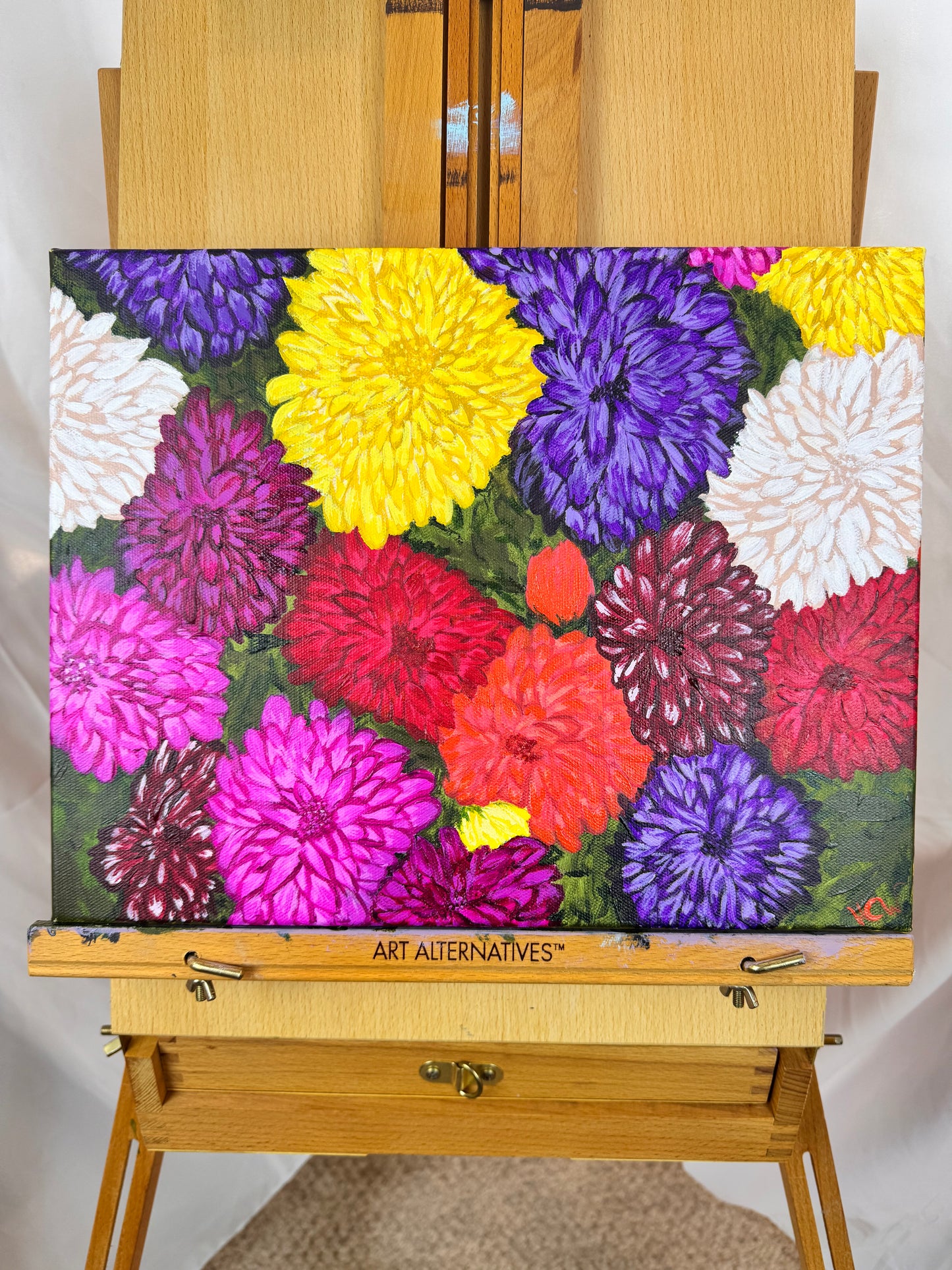 Dahlias For Sale, Acrylic Painting of Flowers, Mother's Day Flowers, Colorful Bushel for Garden Lover