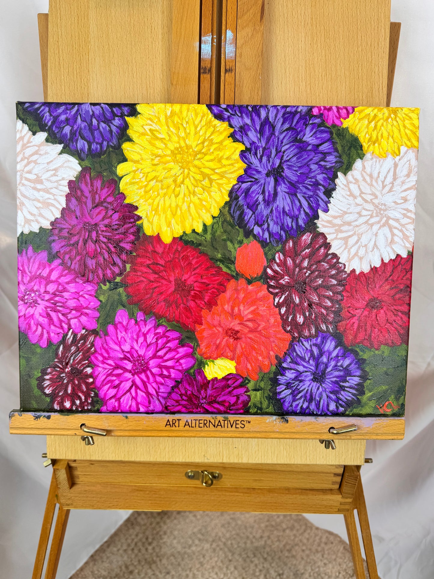 Dahlias For Sale, Acrylic Painting of Flowers, Mother's Day Flowers, Colorful Bushel for Garden Lover