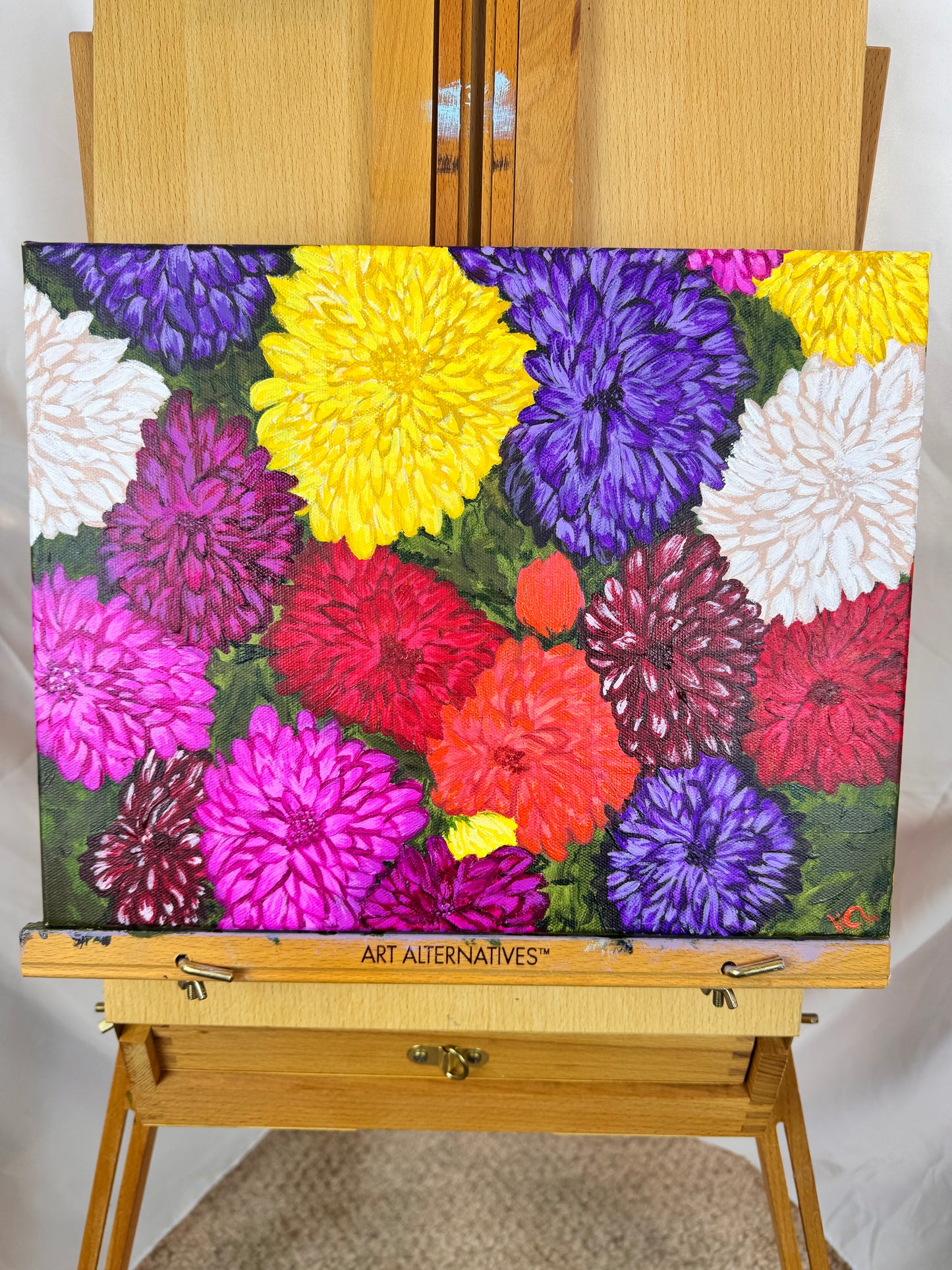 Dahlias For Sale, Acrylic Painting of Flowers, Mother's Day Flowers, Colorful Bushel for Garden Lover