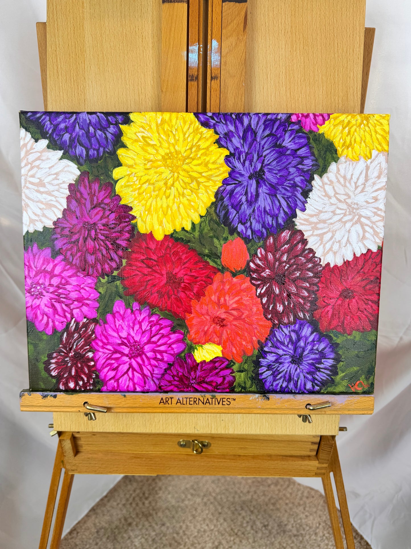 Dahlias For Sale, Acrylic Painting of Flowers, Mother's Day Flowers, Colorful Bushel for Garden Lover