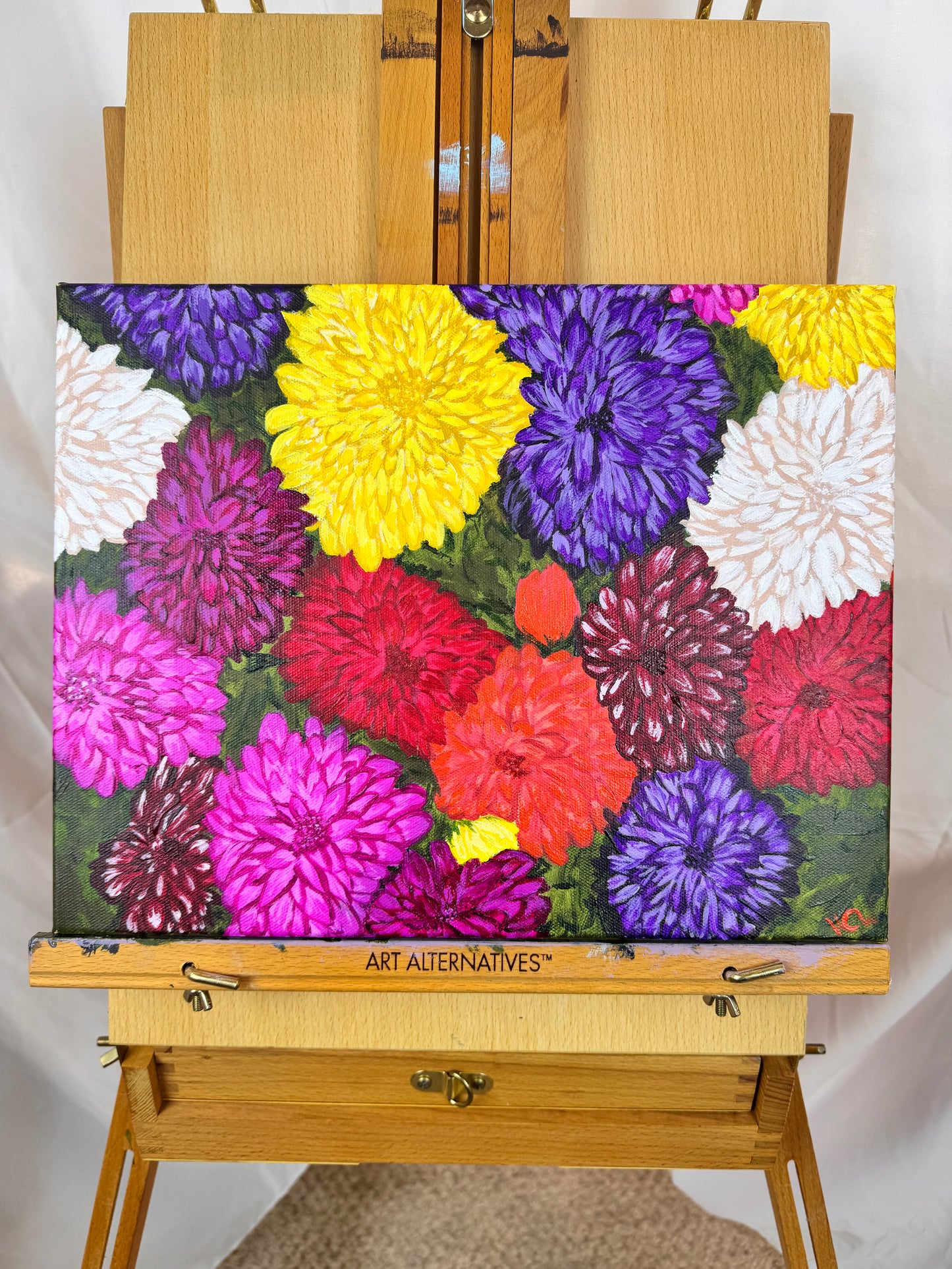 Dahlias For Sale, Acrylic Painting of Flowers, Mother's Day Flowers, Colorful Bushel for Garden Lover