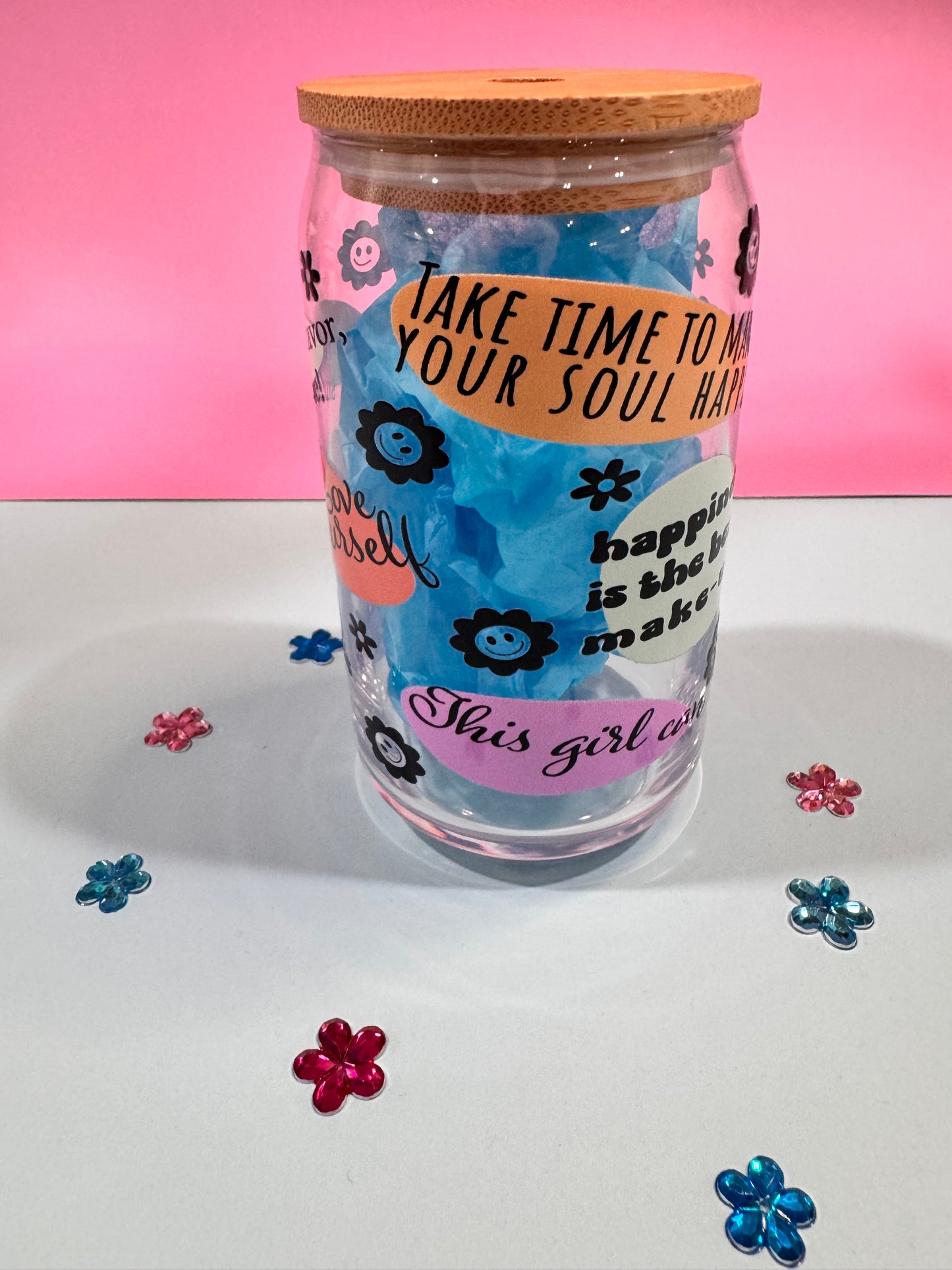 Mental Health Glass Beer Can with Positive Affirmations and Uplifting Quotes, 16 Oz Clear Glass Libby Cup