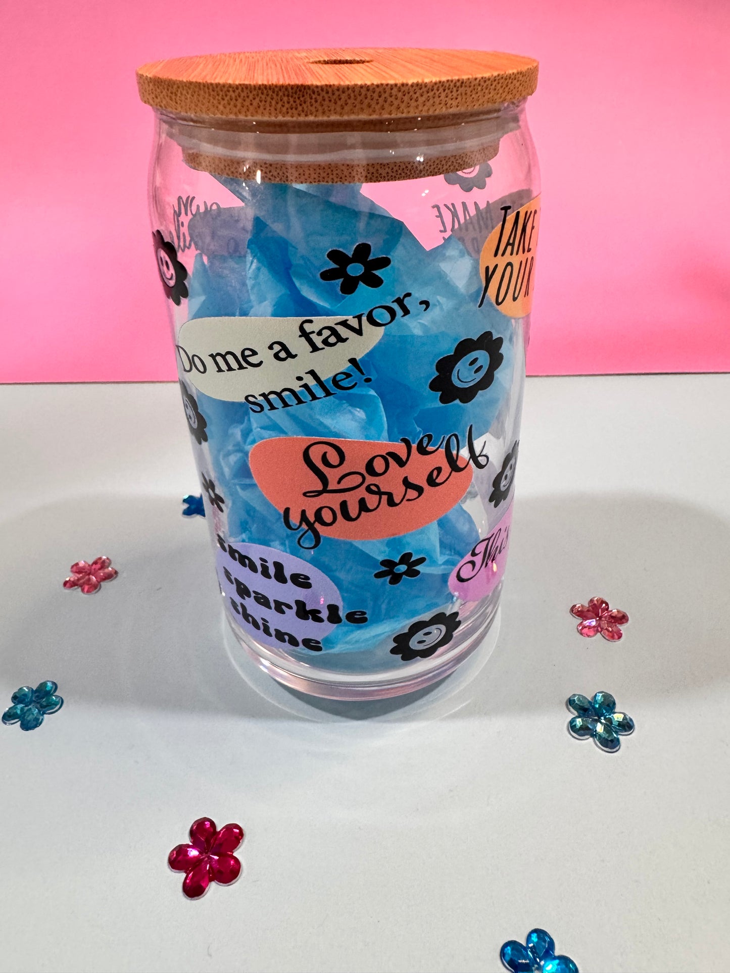 Mental Health Glass Beer Can with Positive Affirmations and Uplifting Quotes, 16 Oz Clear Glass Libby Cup