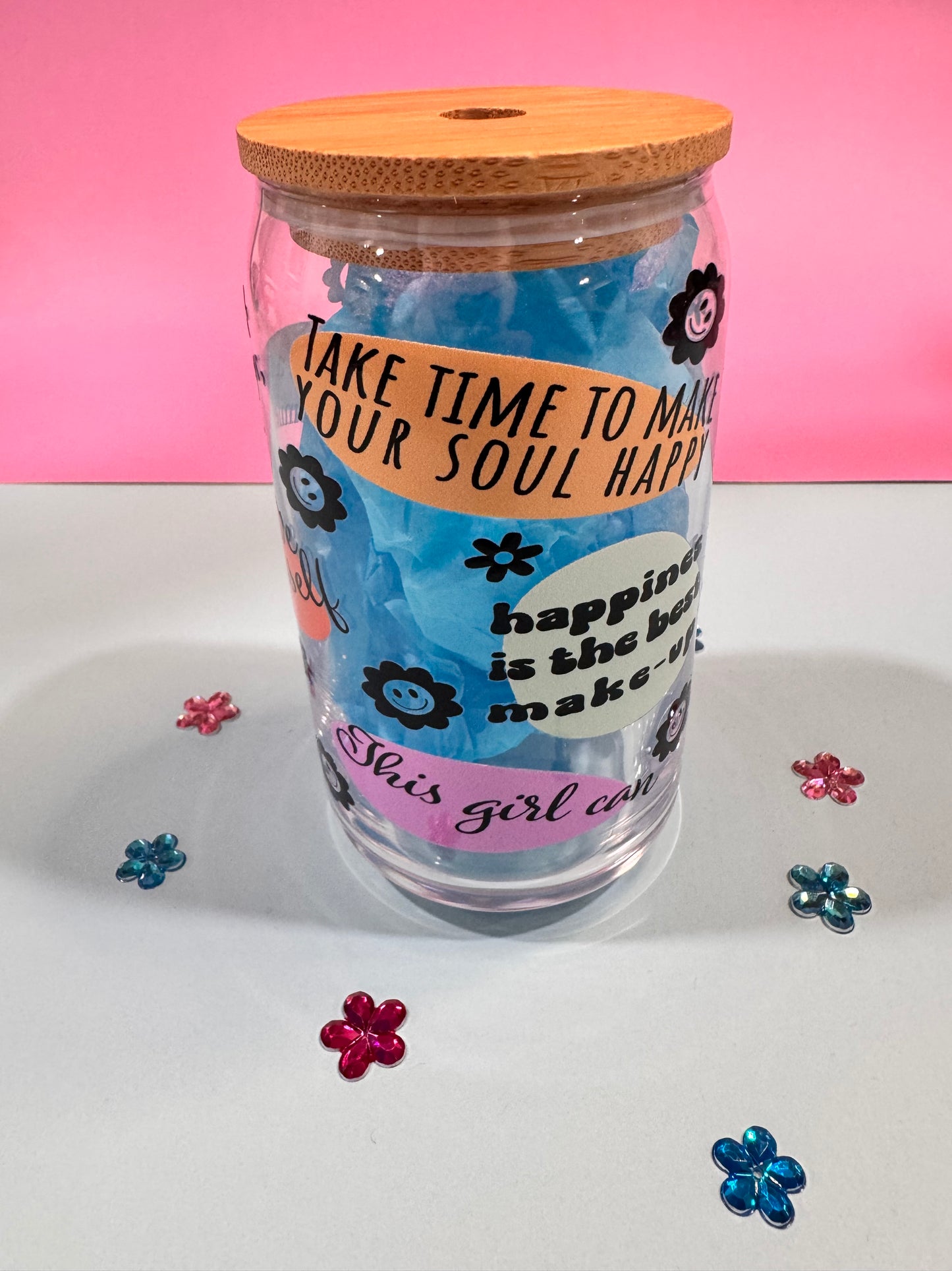 Mental Health Glass Beer Can with Positive Affirmations and Uplifting Quotes, 16 Oz Clear Glass Libby Cup