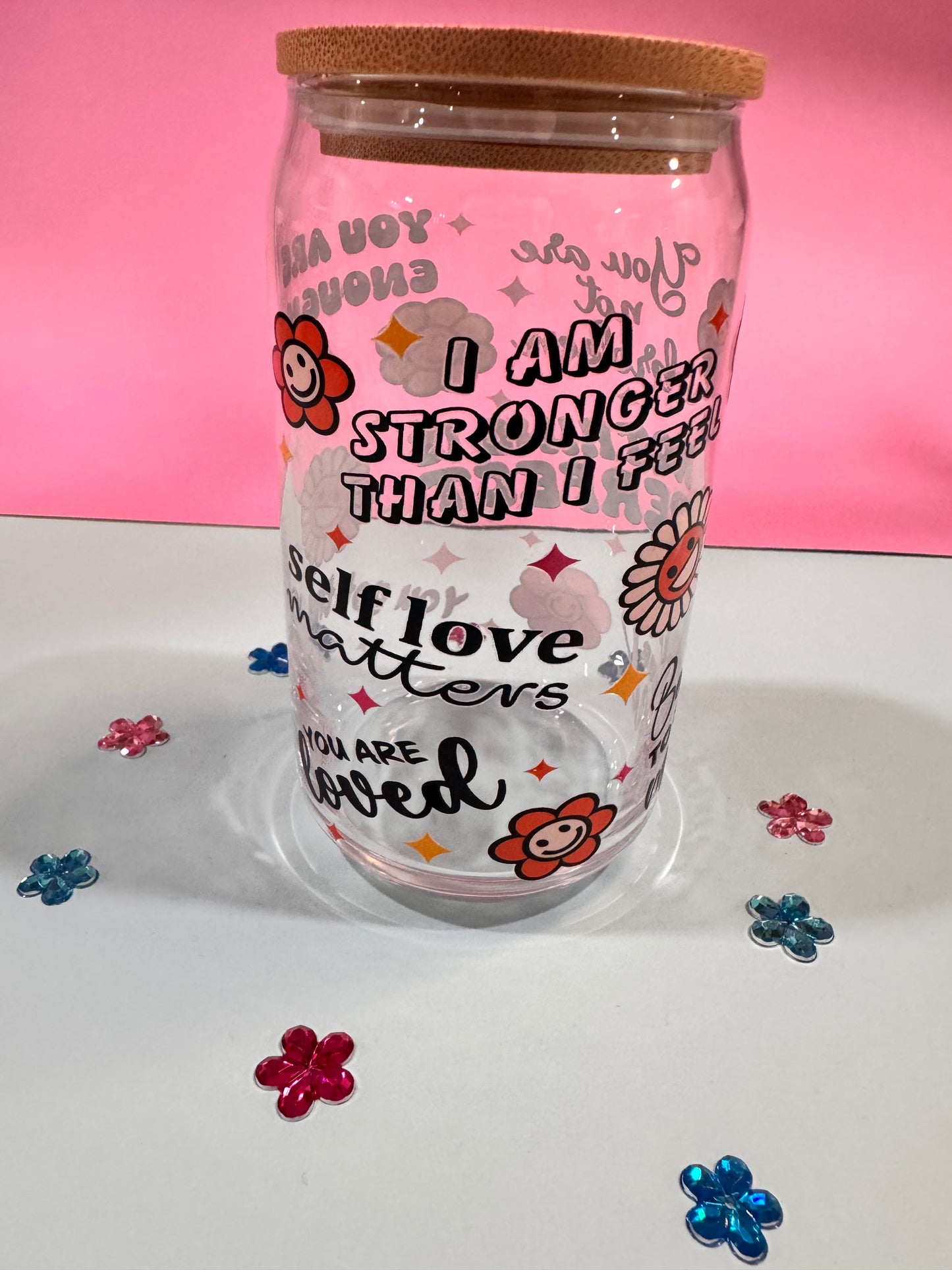 Mental Health Glass Beer Can with Positive Affirmations and Uplifting Quotes, 16 Oz Clear Glass Libby Cup