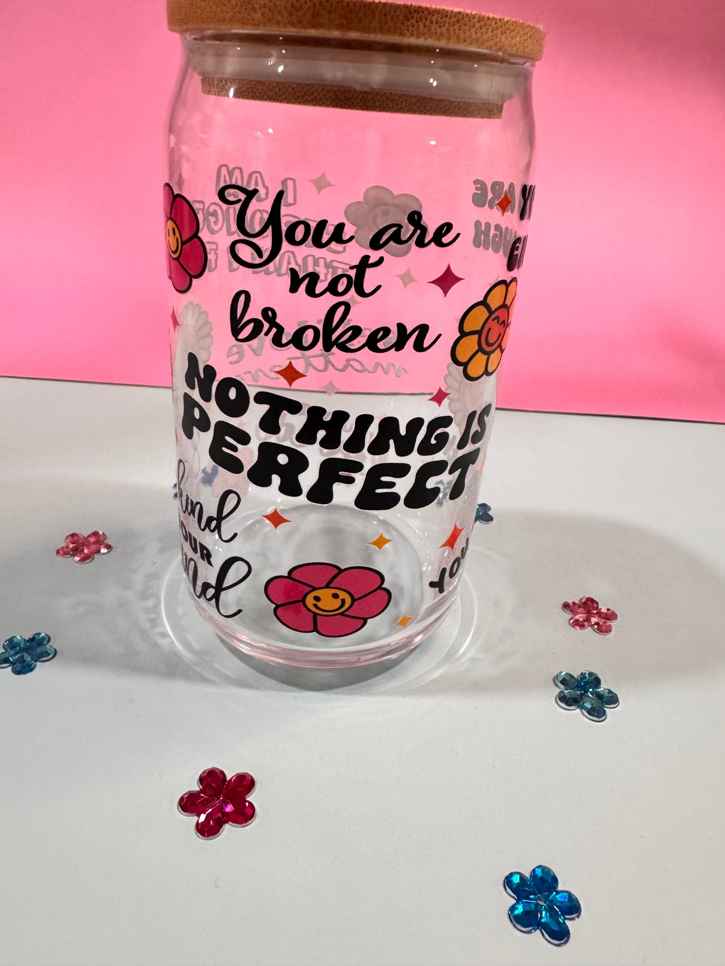 Mental Health Glass Beer Can with Positive Affirmations and Uplifting Quotes, 16 Oz Clear Glass Libby Cup