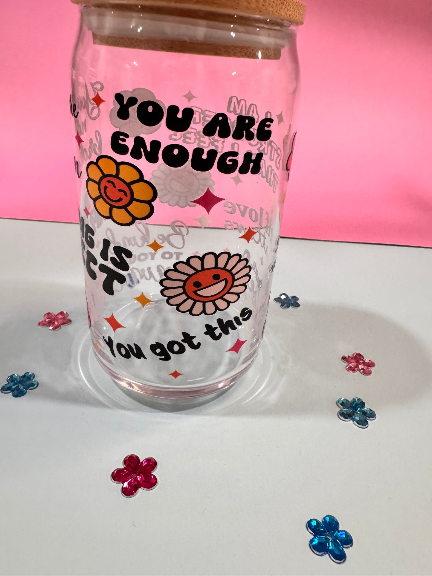 Mental Health Glass Beer Can with Positive Affirmations and Uplifting Quotes, 16 Oz Clear Glass Libby Cup