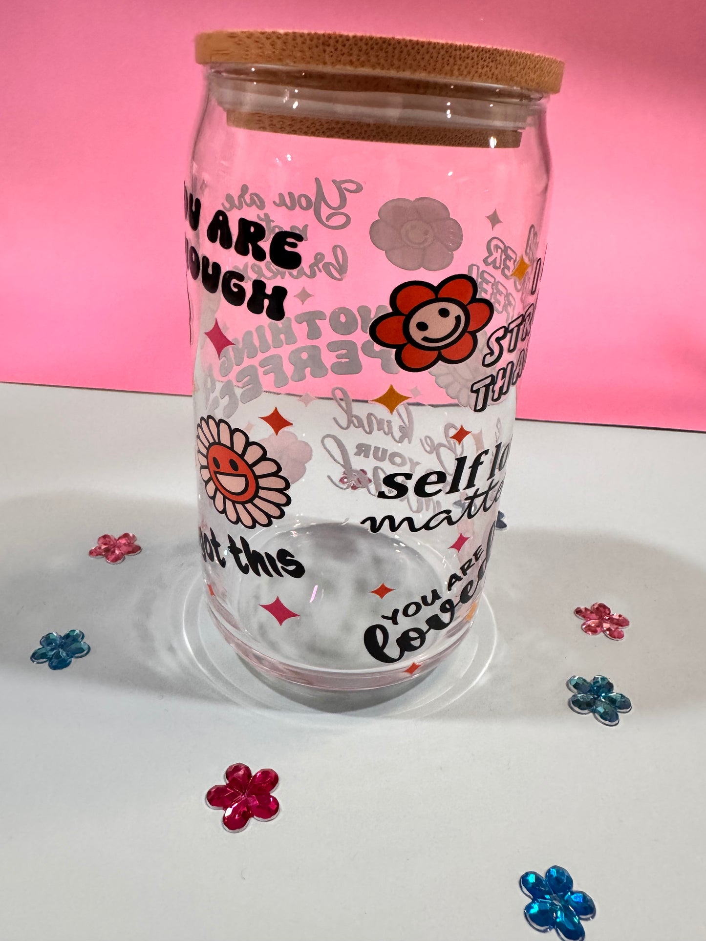 Mental Health Glass Beer Can with Positive Affirmations and Uplifting Quotes, 16 Oz Clear Glass Libby Cup