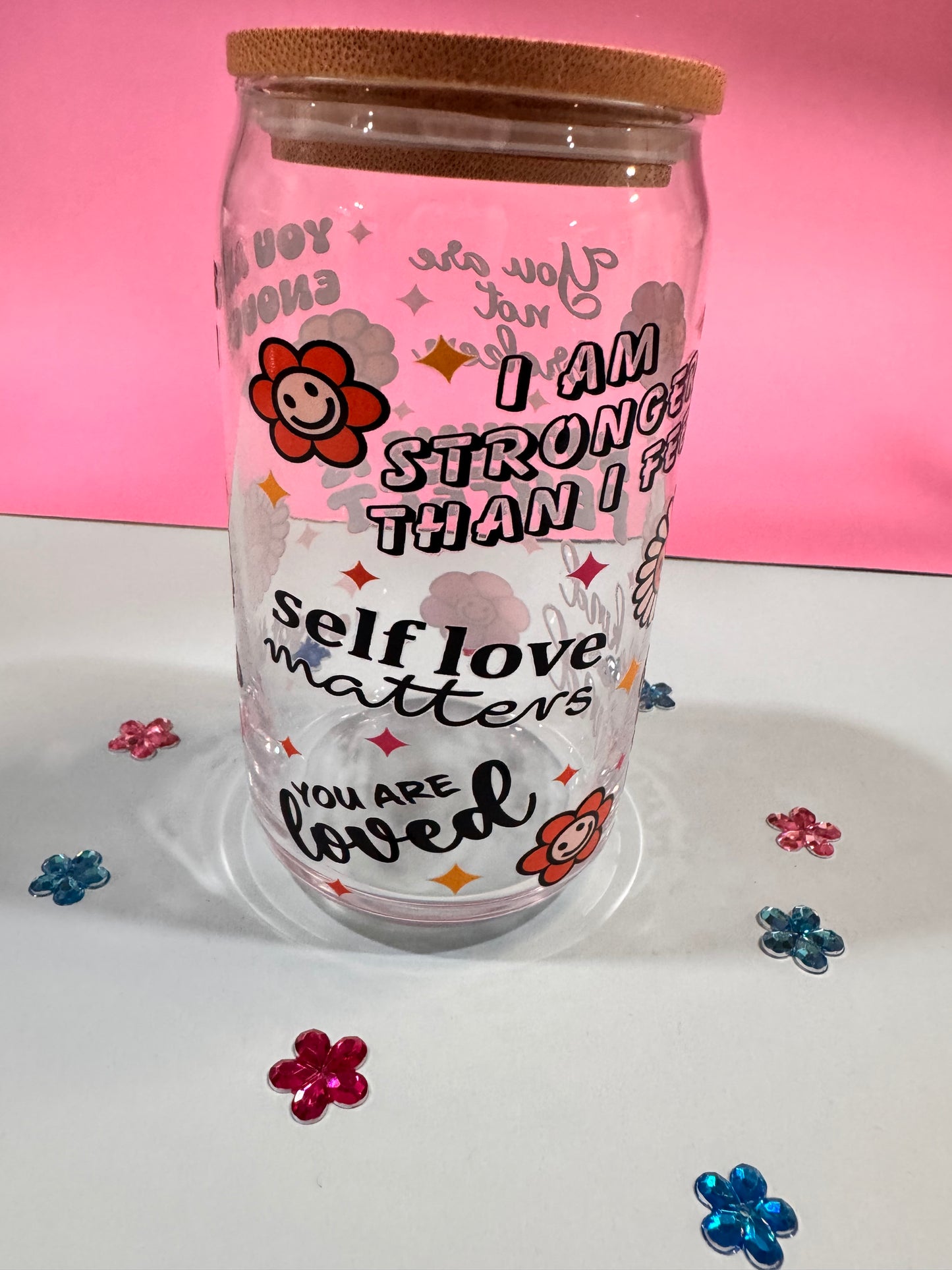 Mental Health Glass Beer Can with Positive Affirmations and Uplifting Quotes, 16 Oz Clear Glass Libby Cup