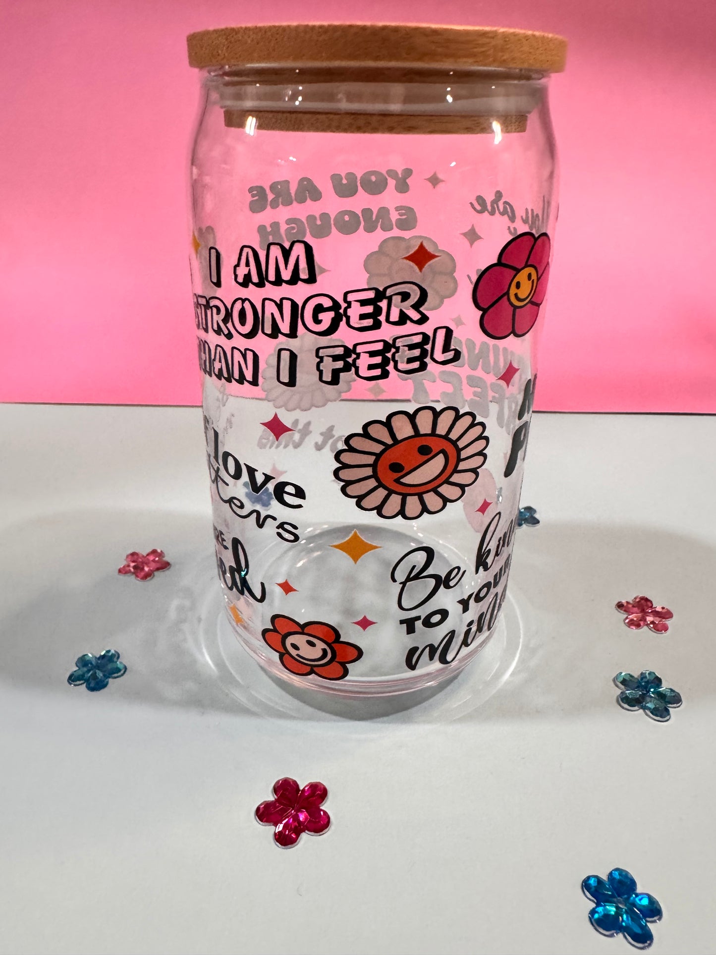 Mental Health Glass Beer Can with Positive Affirmations and Uplifting Quotes, 16 Oz Clear Glass Libby Cup