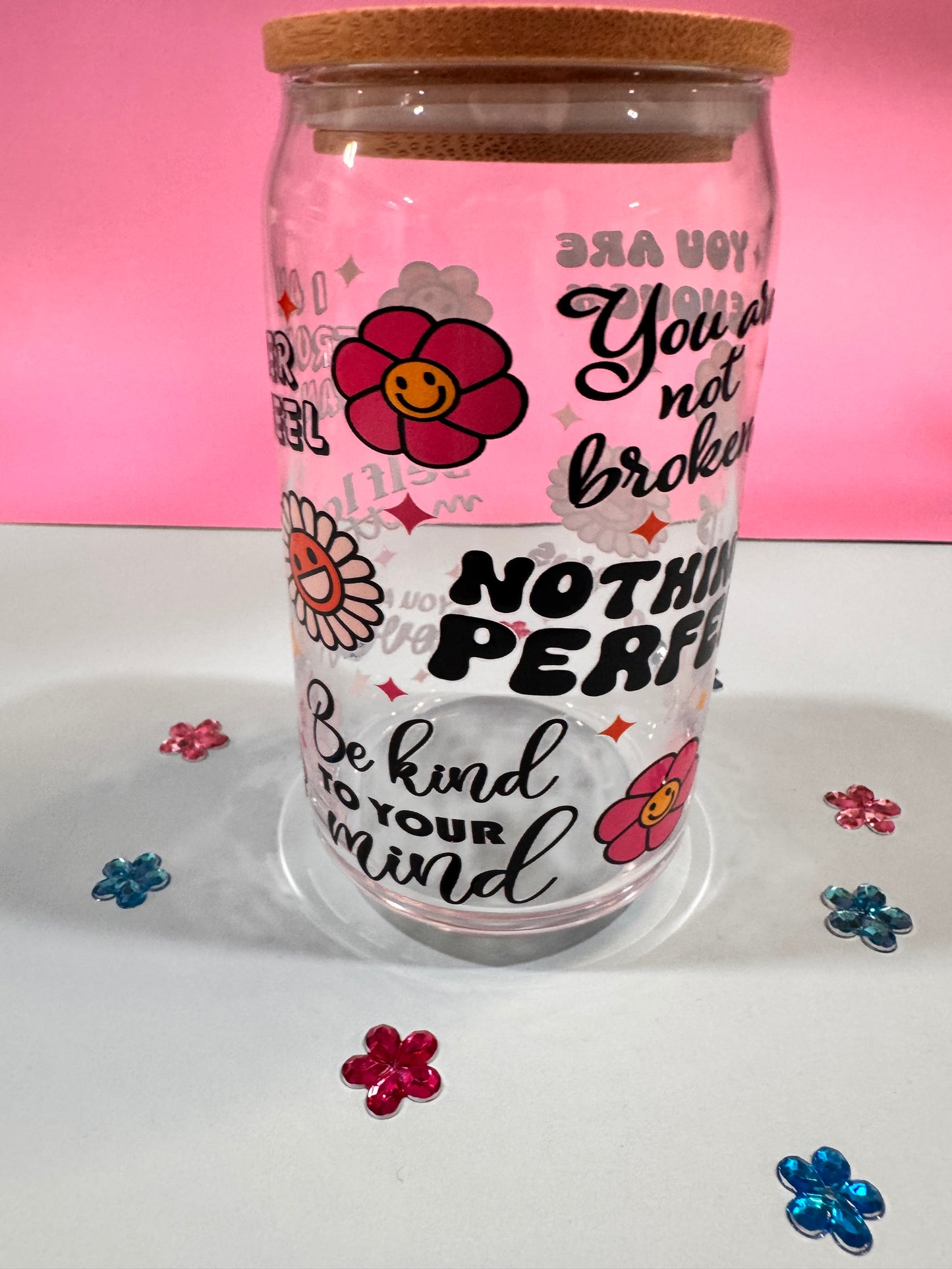 Mental Health Glass Beer Can with Positive Affirmations and Uplifting Quotes, 16 Oz Clear Glass Libby Cup