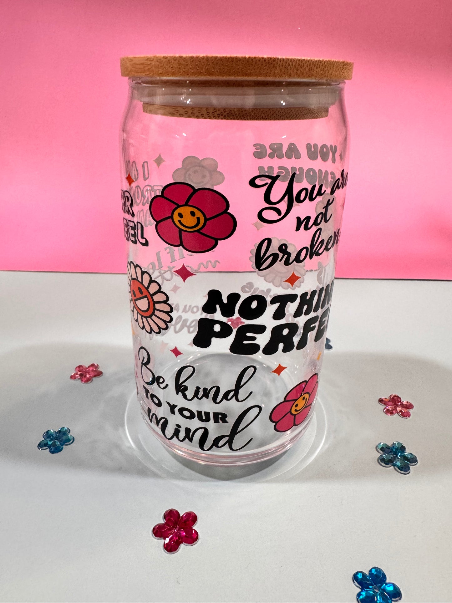 Mental Health Glass Beer Can with Positive Affirmations and Uplifting Quotes, 16 Oz Clear Glass Libby Cup