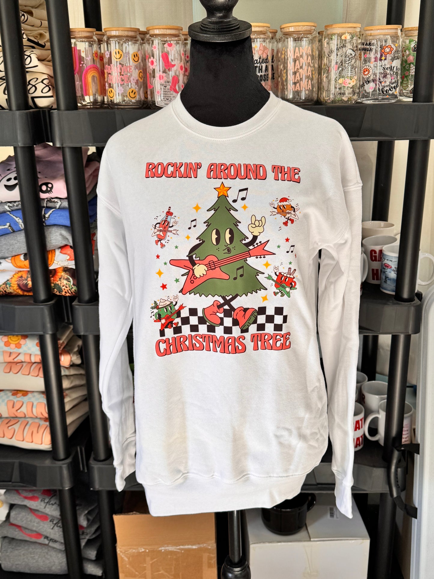Rockin Around The Christmas Tree Sweatshirt: Cute Christmas Holiday White Crew Neck Sweatshirt
