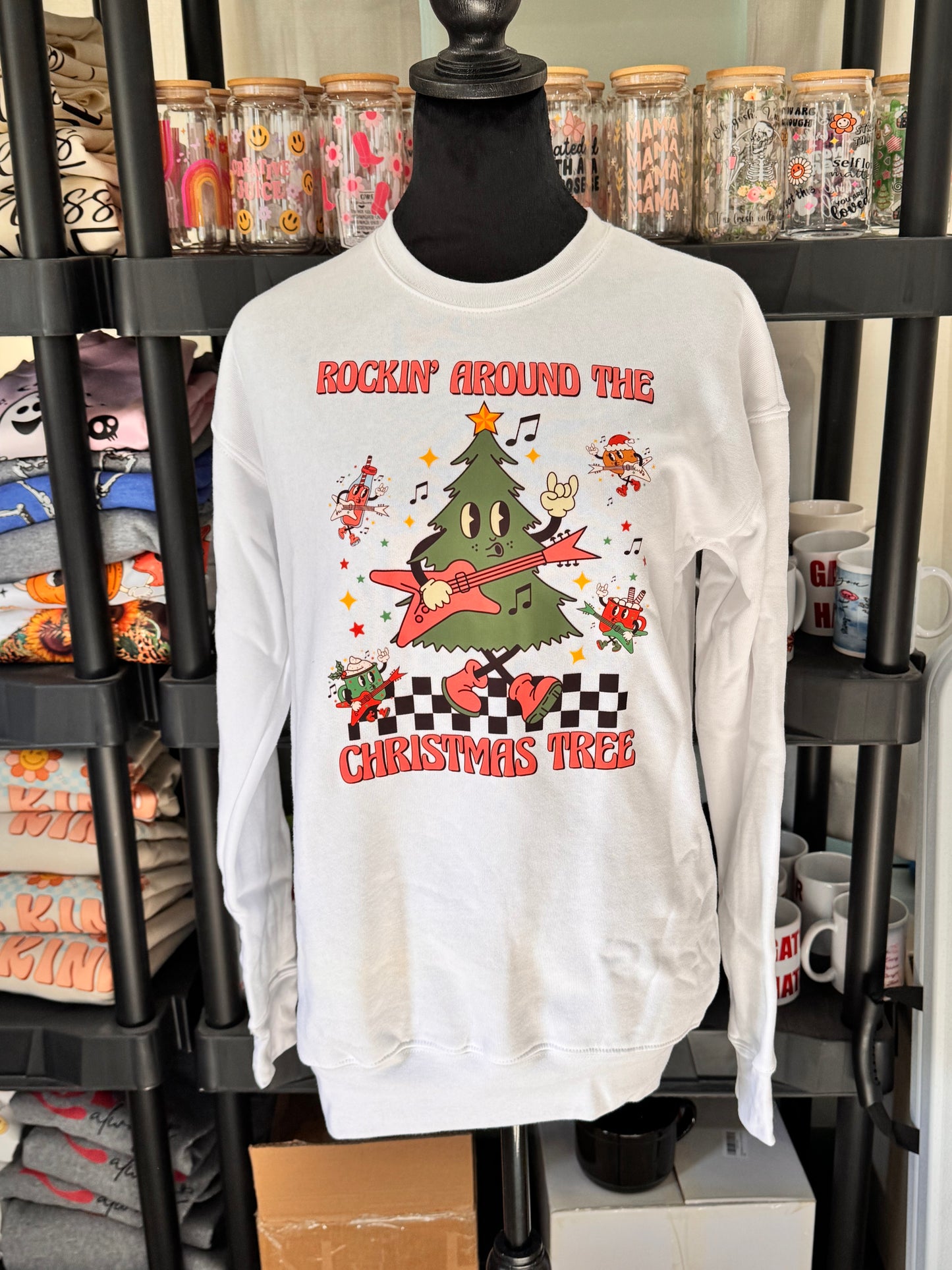 Rockin Around The Christmas Tree Sweatshirt: Cute Christmas Holiday White Crew Neck Sweatshirt